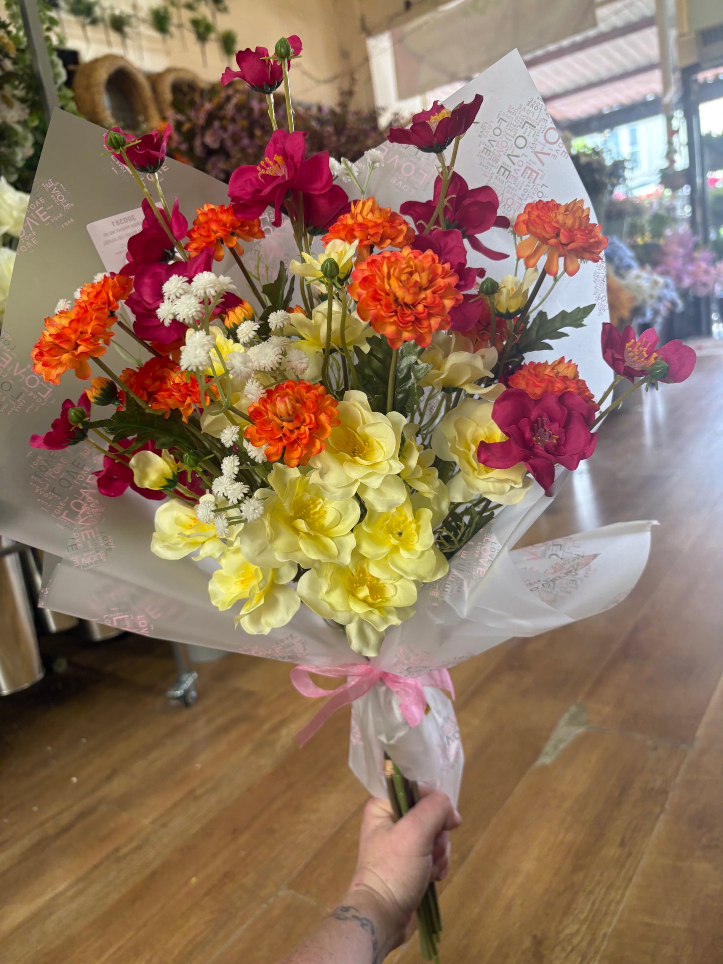 Open front bouquet - cerise/orange/yellow