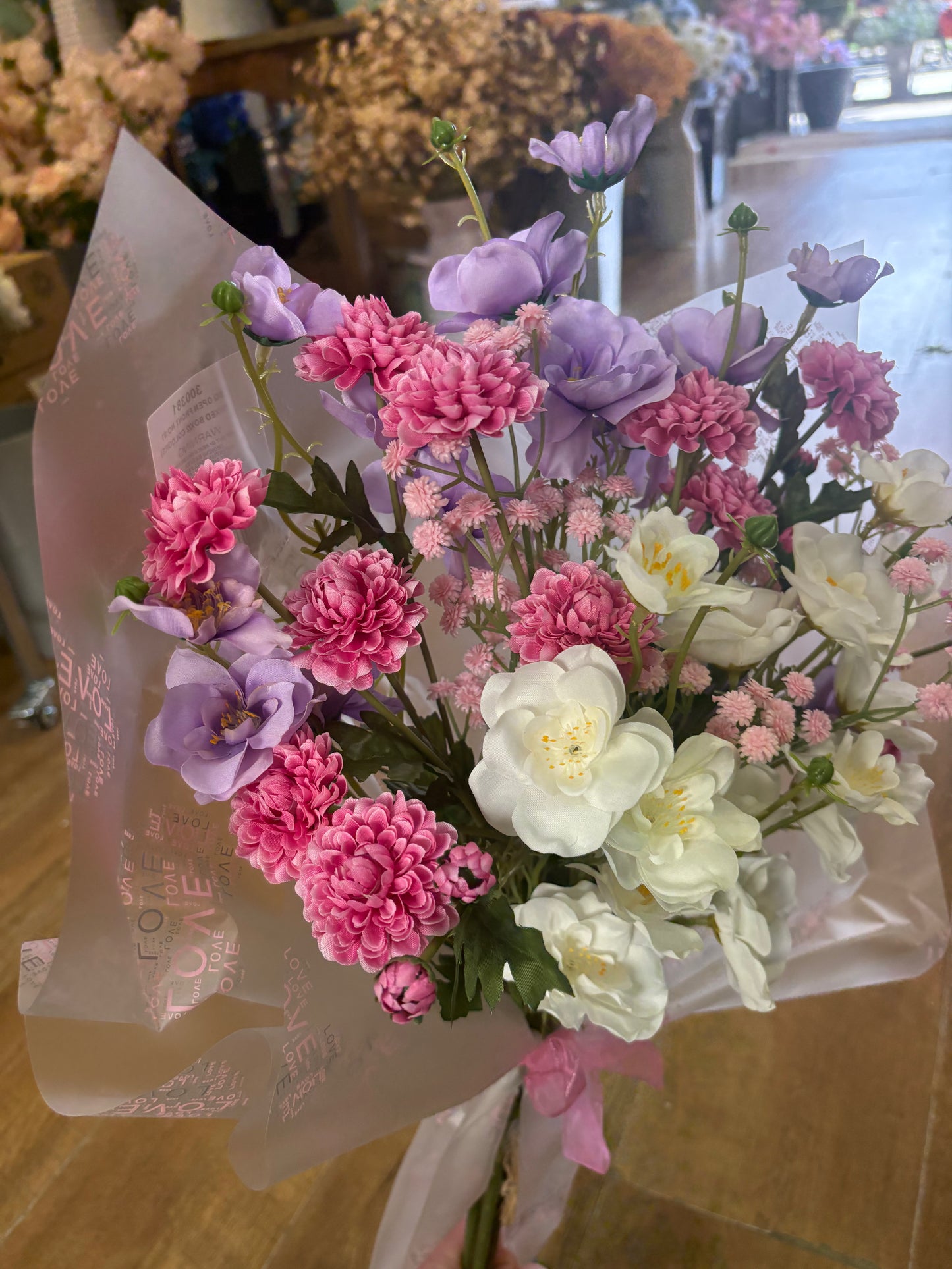 Open front bouquet - pink/lilac/white