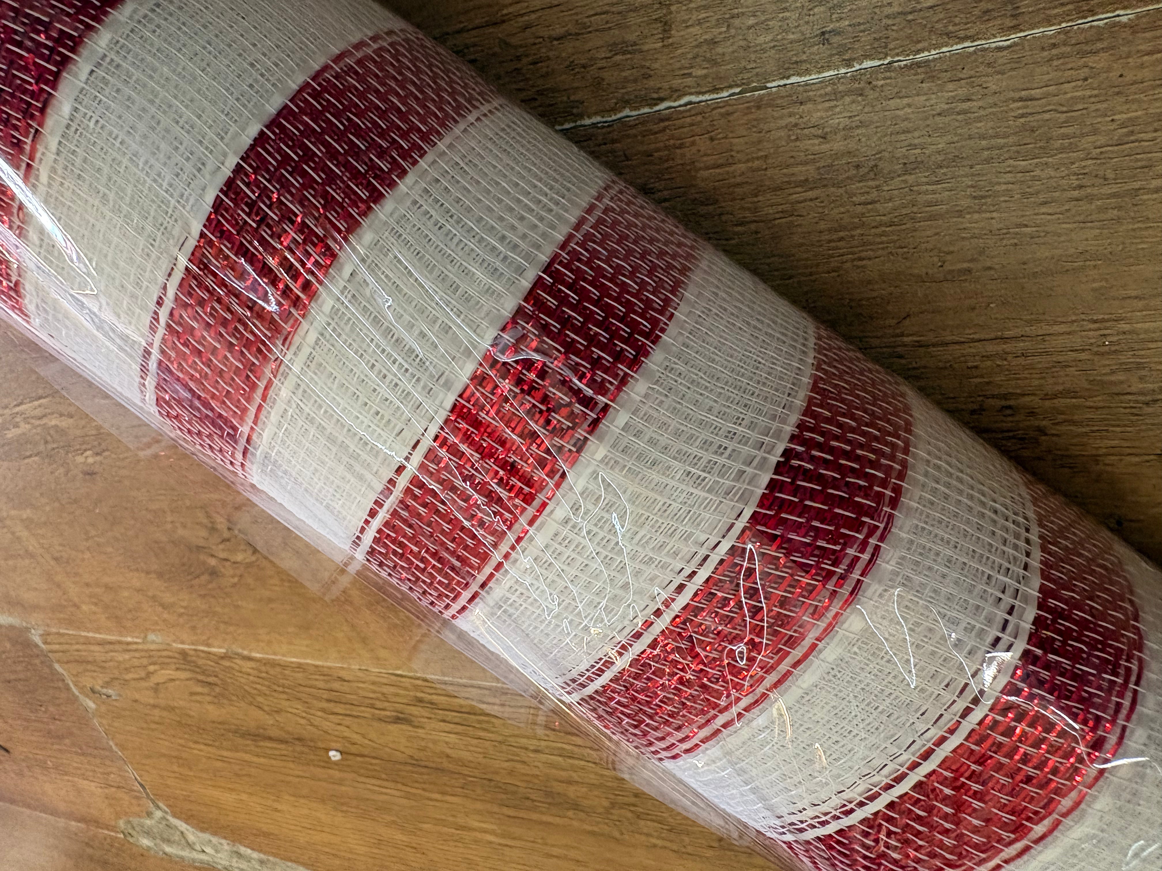 53cm x 9.1m (10 yrds) metallic red and white striped deco mesh
