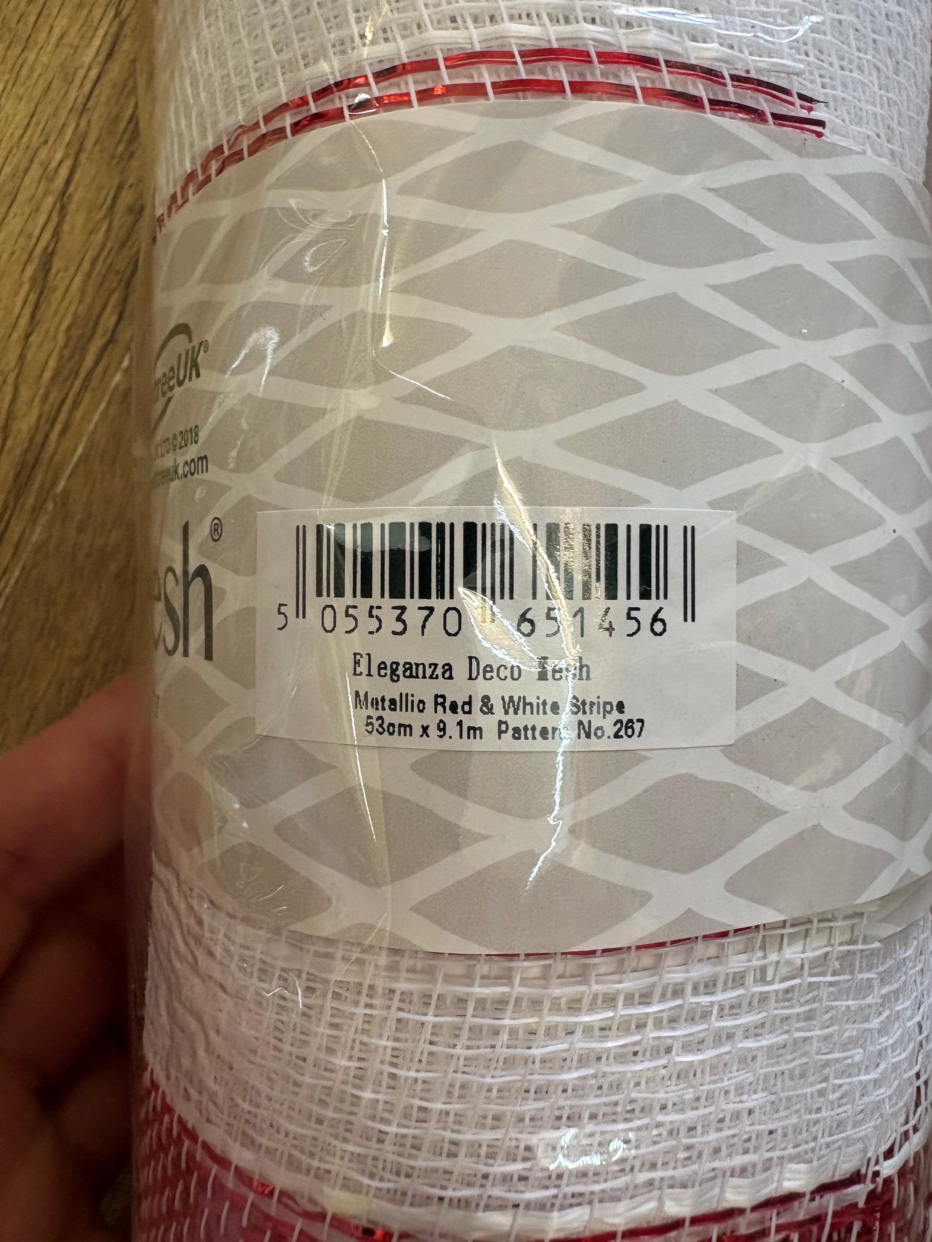 53cm x 9.1m (10 yrds) metallic red and white striped deco mesh
