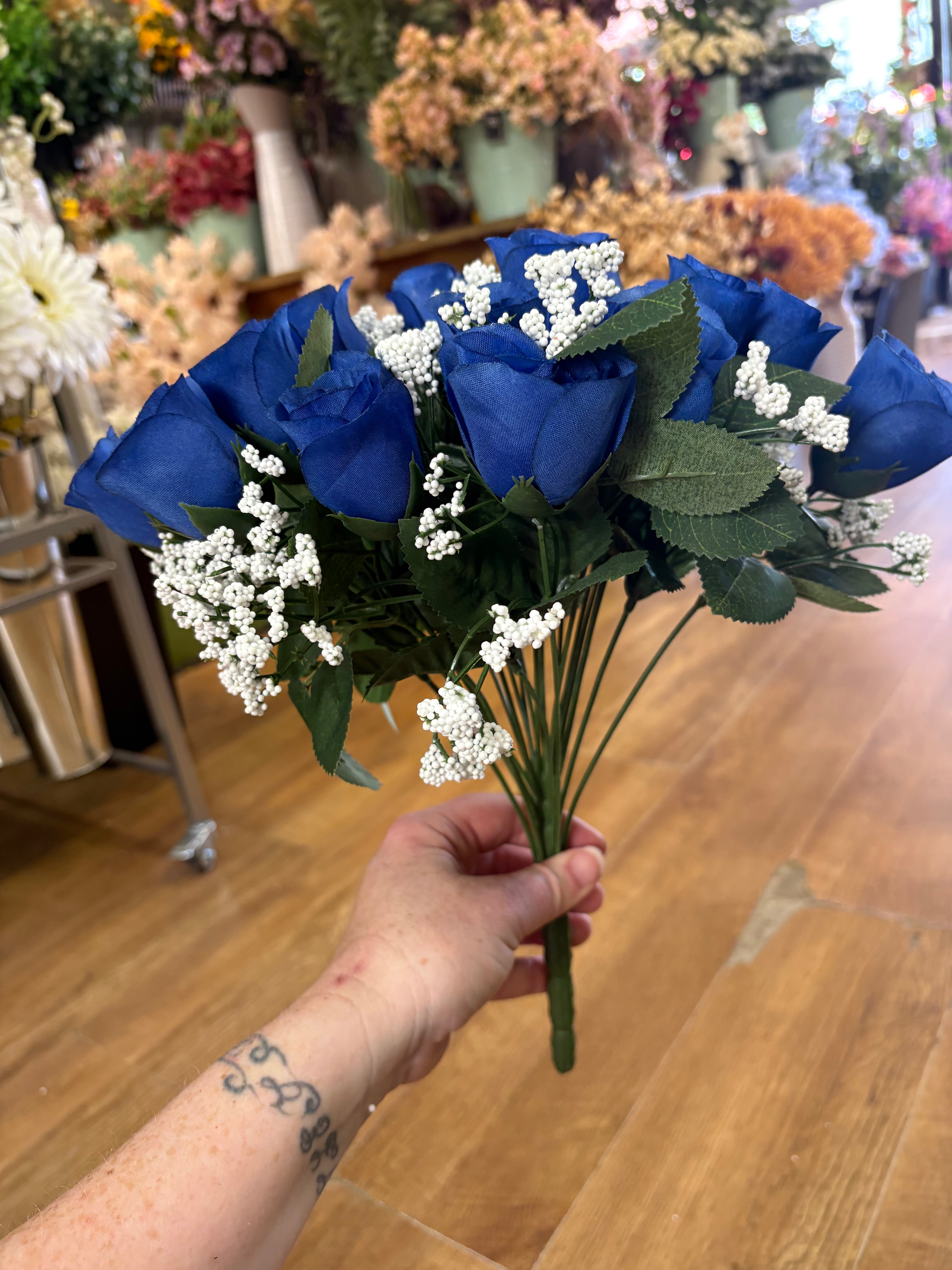 Large 22 head blue rosebud and gypsophila bouquet