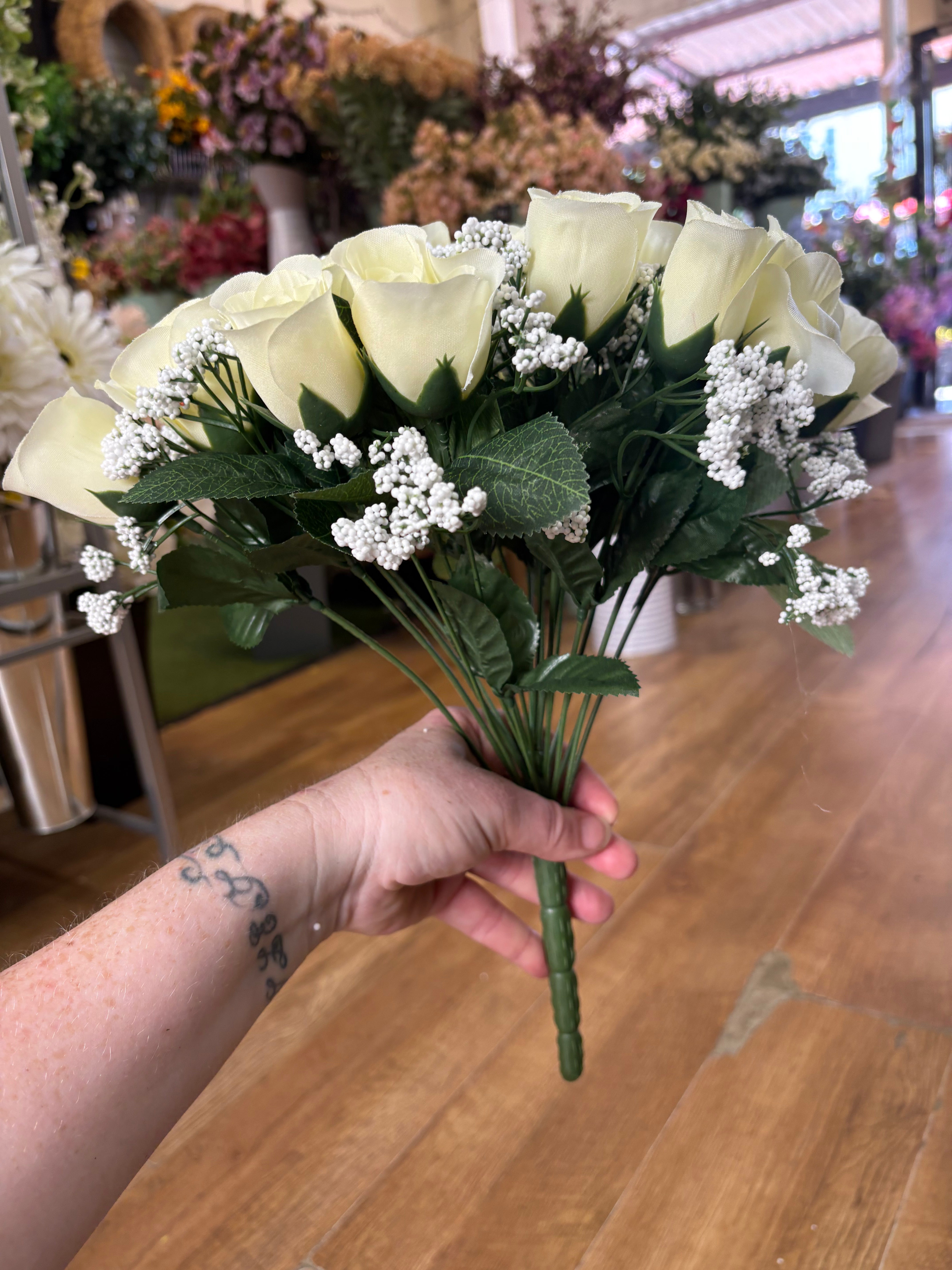 Large 22 head ivory rosebud and gypsophila bouquet