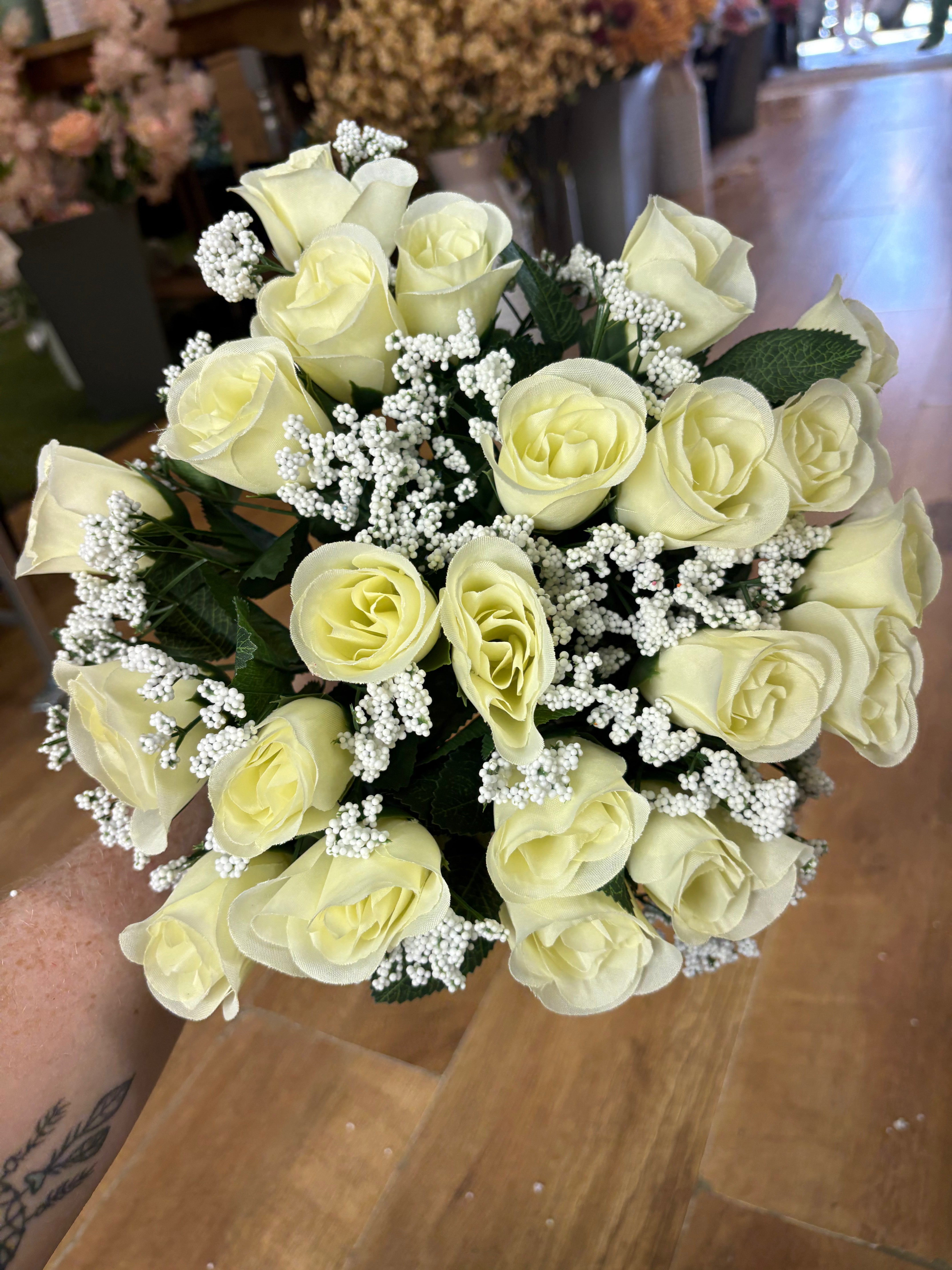Large 22 head ivory rosebud and gypsophila bouquet