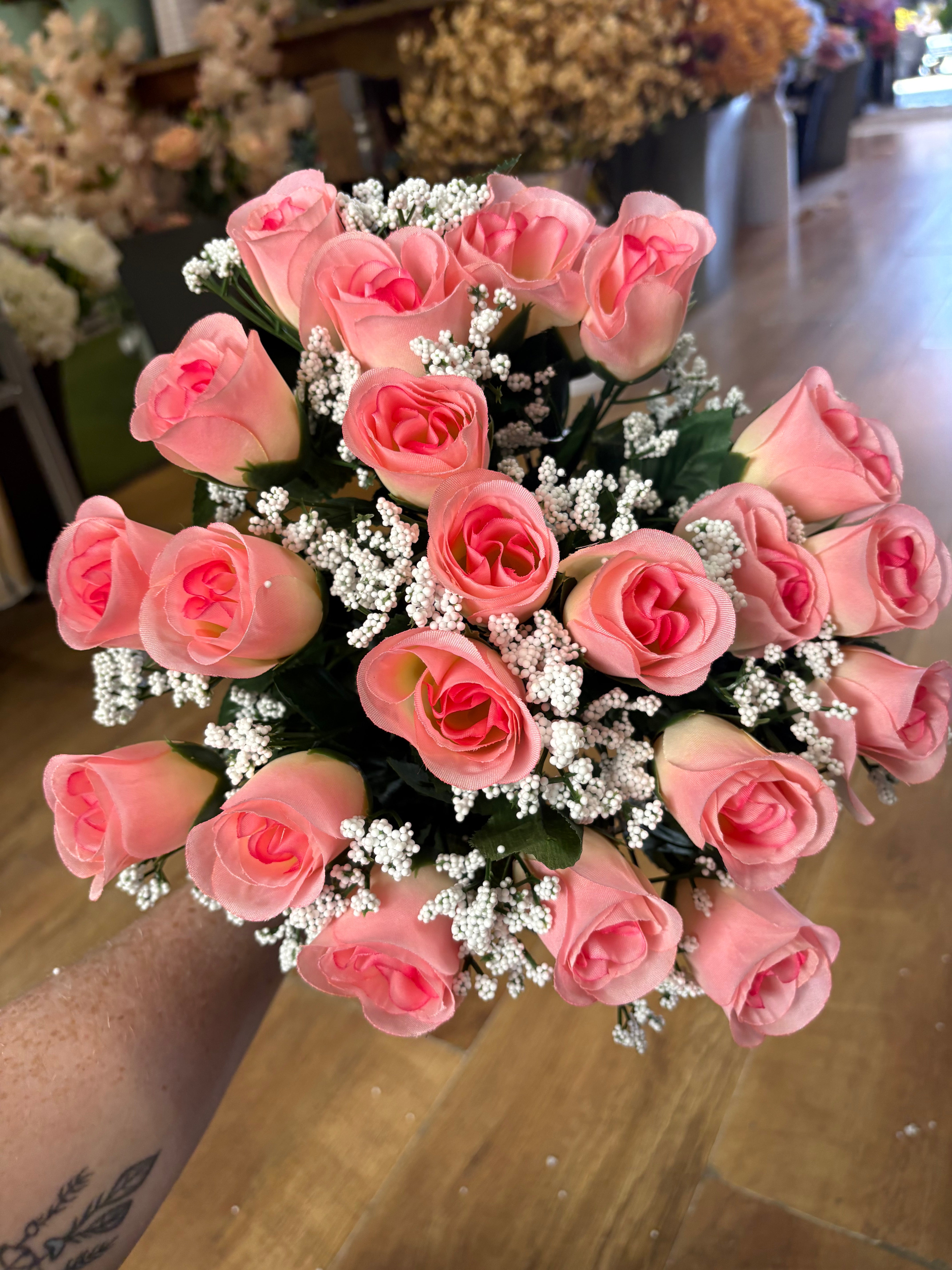 Large 22 head pink rosebud and gypsophila bouquet