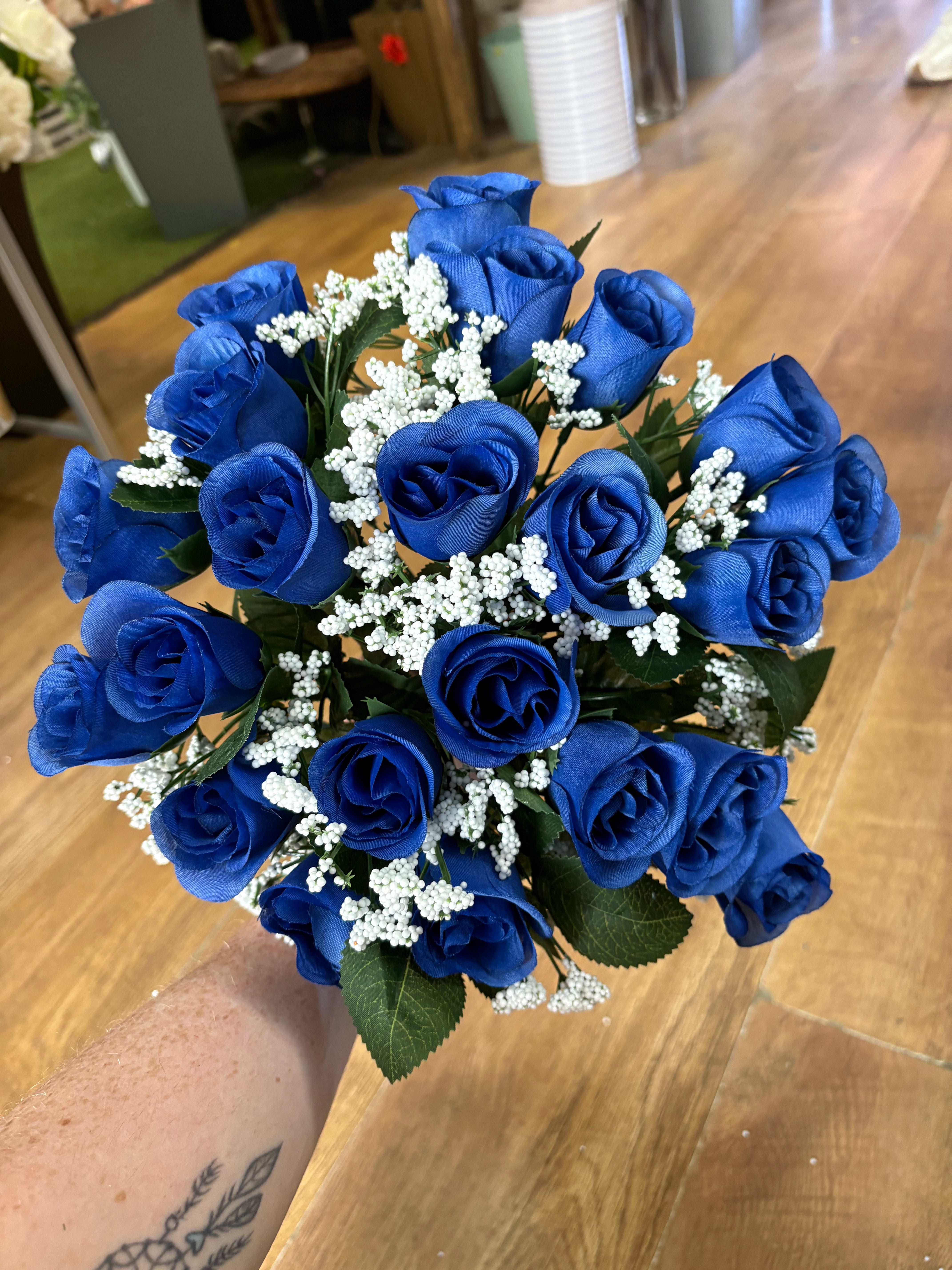 Large 22 head blue rosebud and gypsophila bouquet