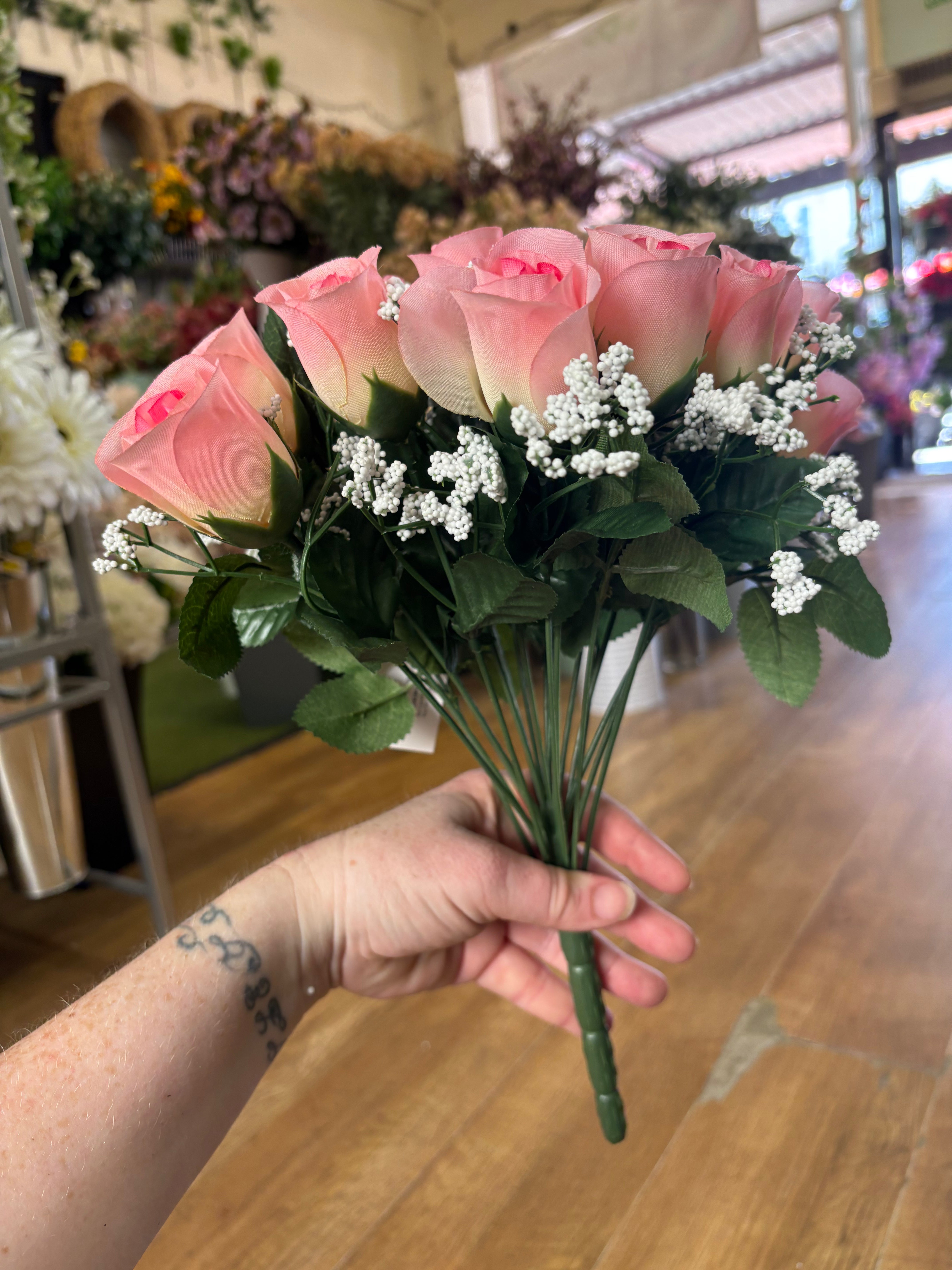 Large 22 head pink rosebud and gypsophila bouquet