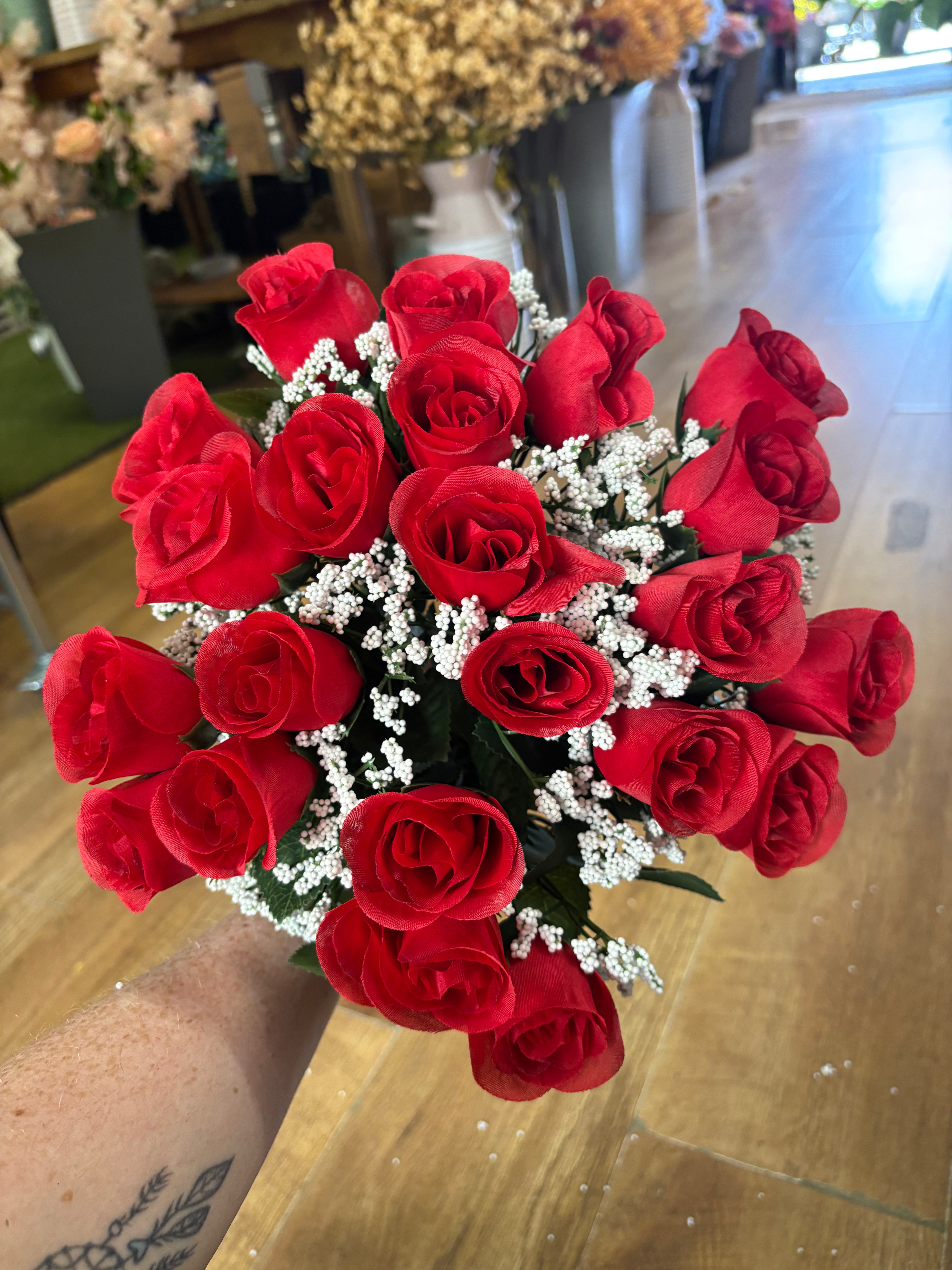Large 22 head red rosebud and gypsophila bouquet