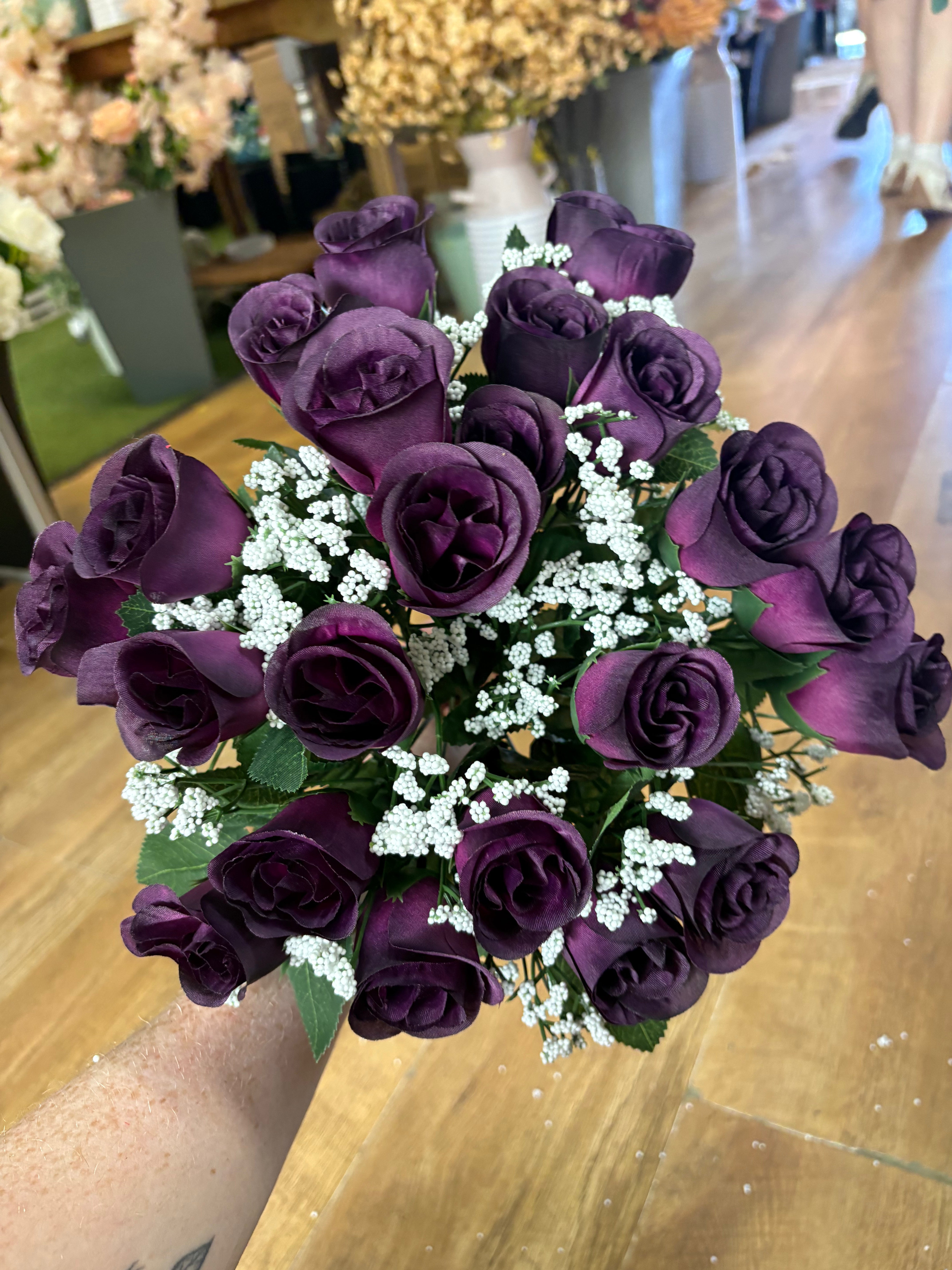 Large 22 head dark purple rosebud and gypsophila bouquet