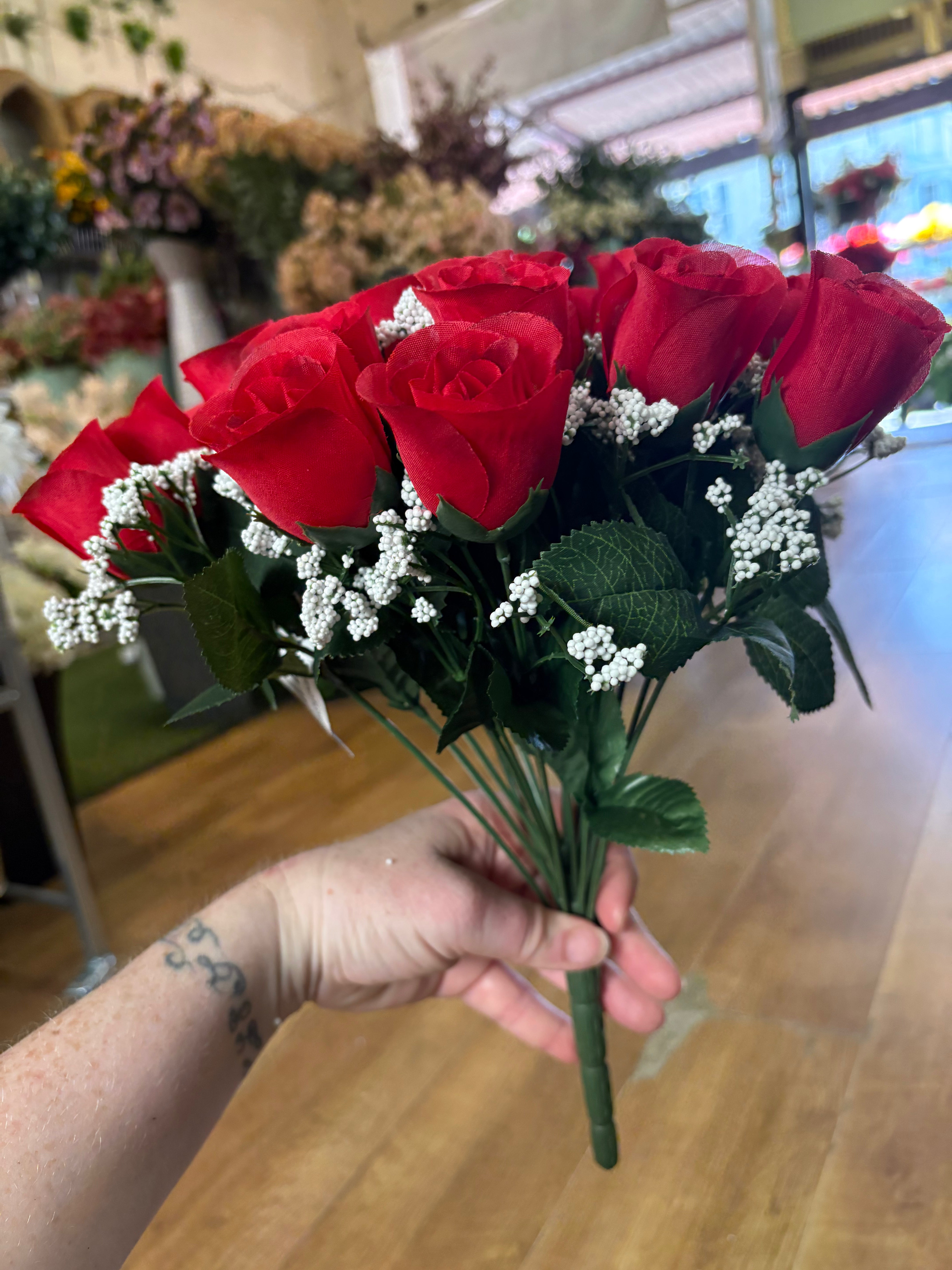 Large 22 head red rosebud and gypsophila bouquet