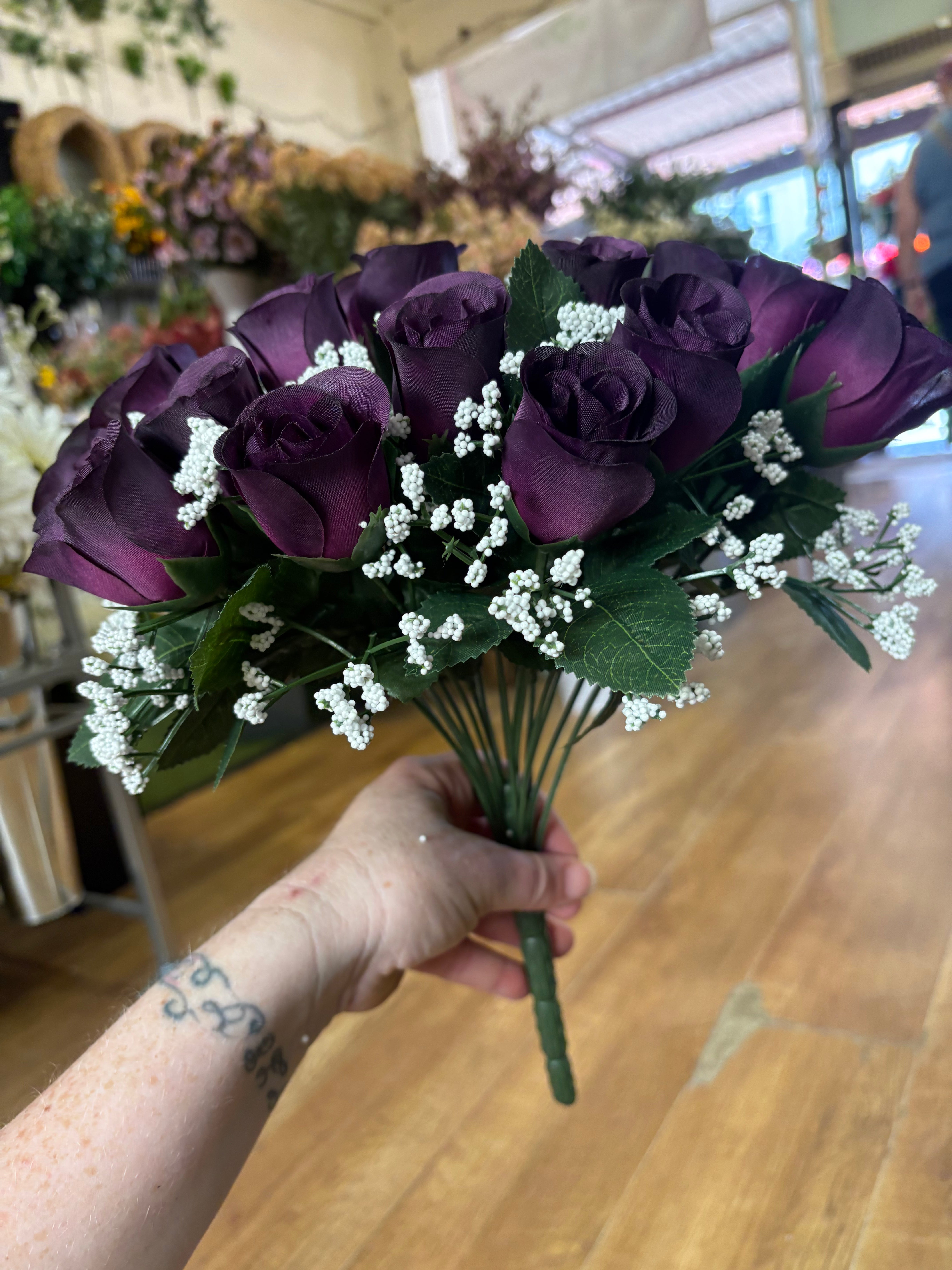 Large 22 head dark purple rosebud and gypsophila bouquet