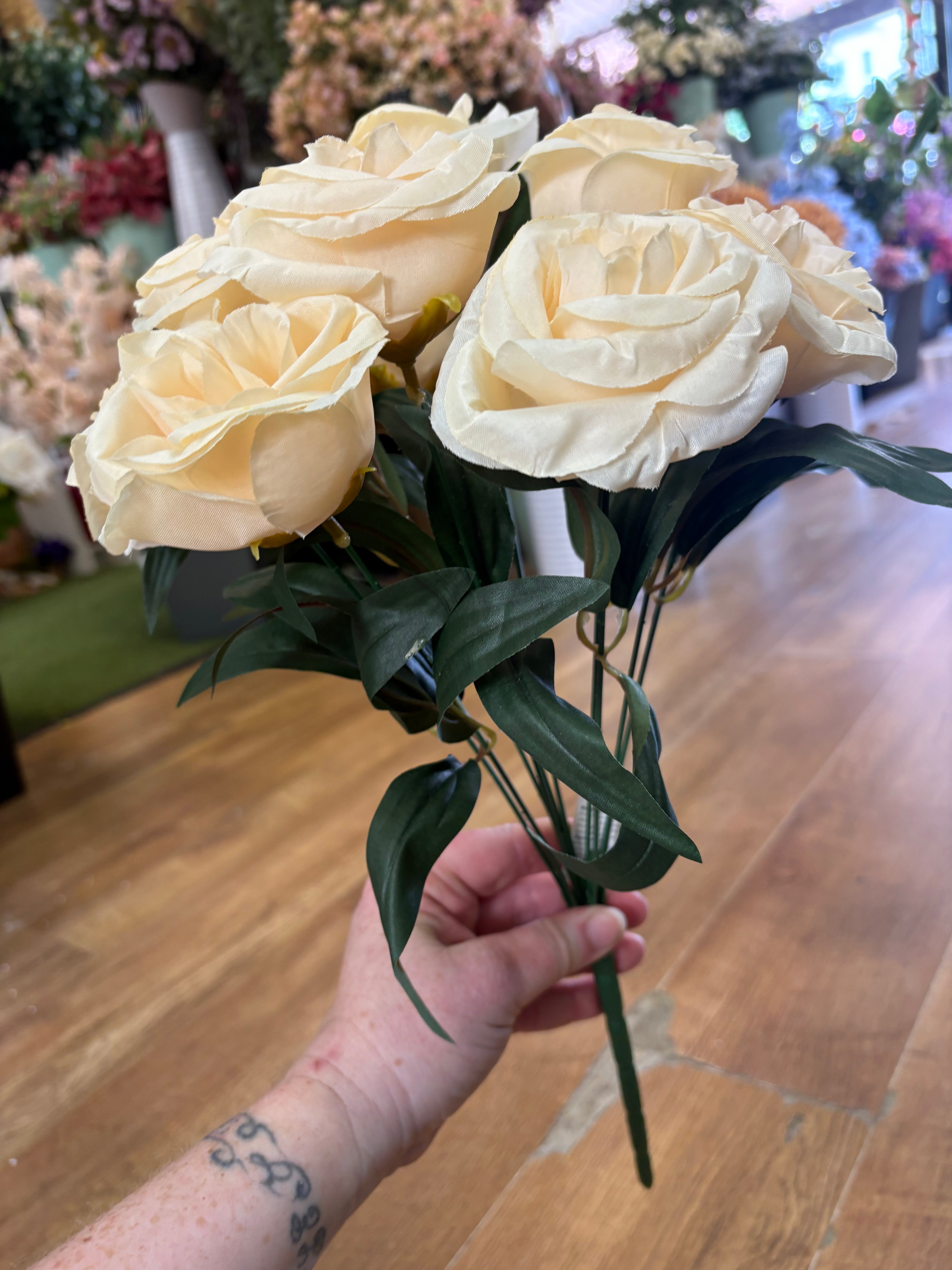 Large 10 headed dark cream cabbage rose bouquet - almost looks like peach colour