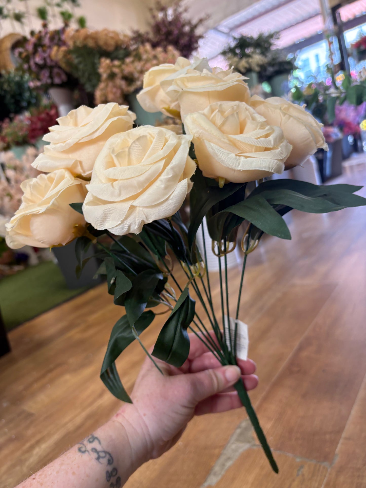 Large 10 headed dark cream cabbage rose bouquet - almost looks like peach colour