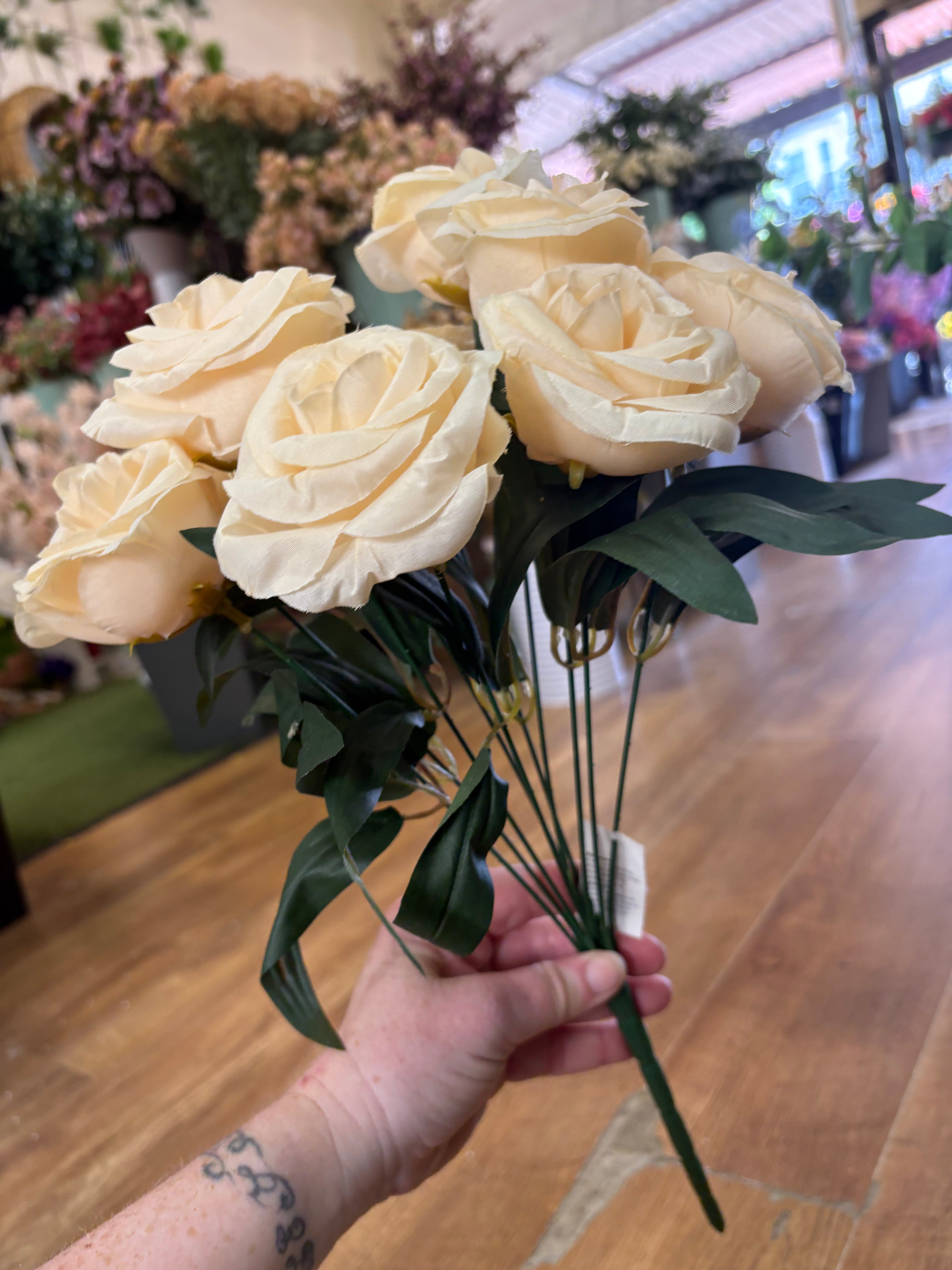 Large 10 headed dark cream cabbage rose bouquet - almost looks like peach colour