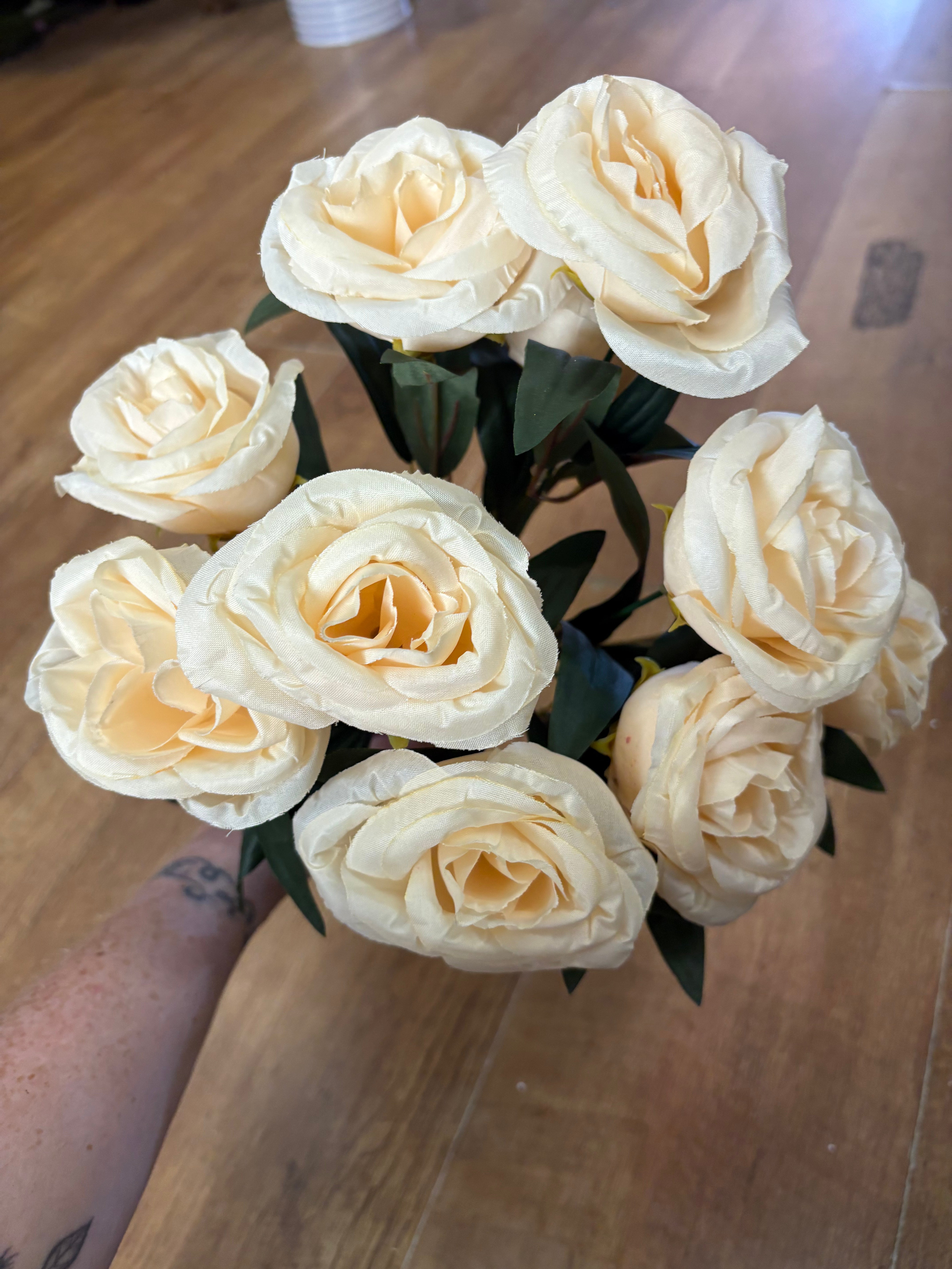 Large 10 headed dark cream cabbage rose bouquet - almost looks like peach colour