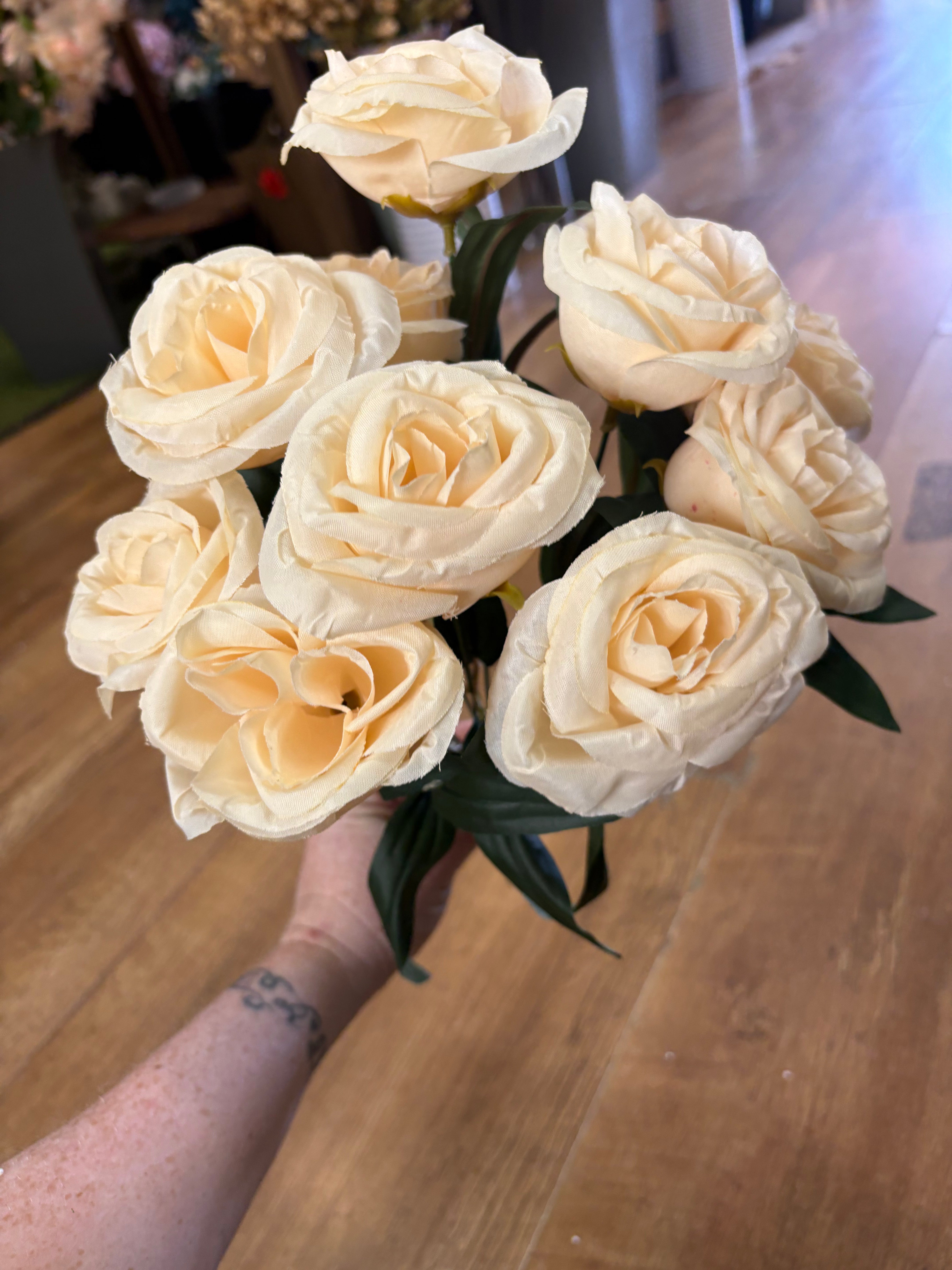 Large 10 headed dark cream cabbage rose bouquet - almost looks like peach colour