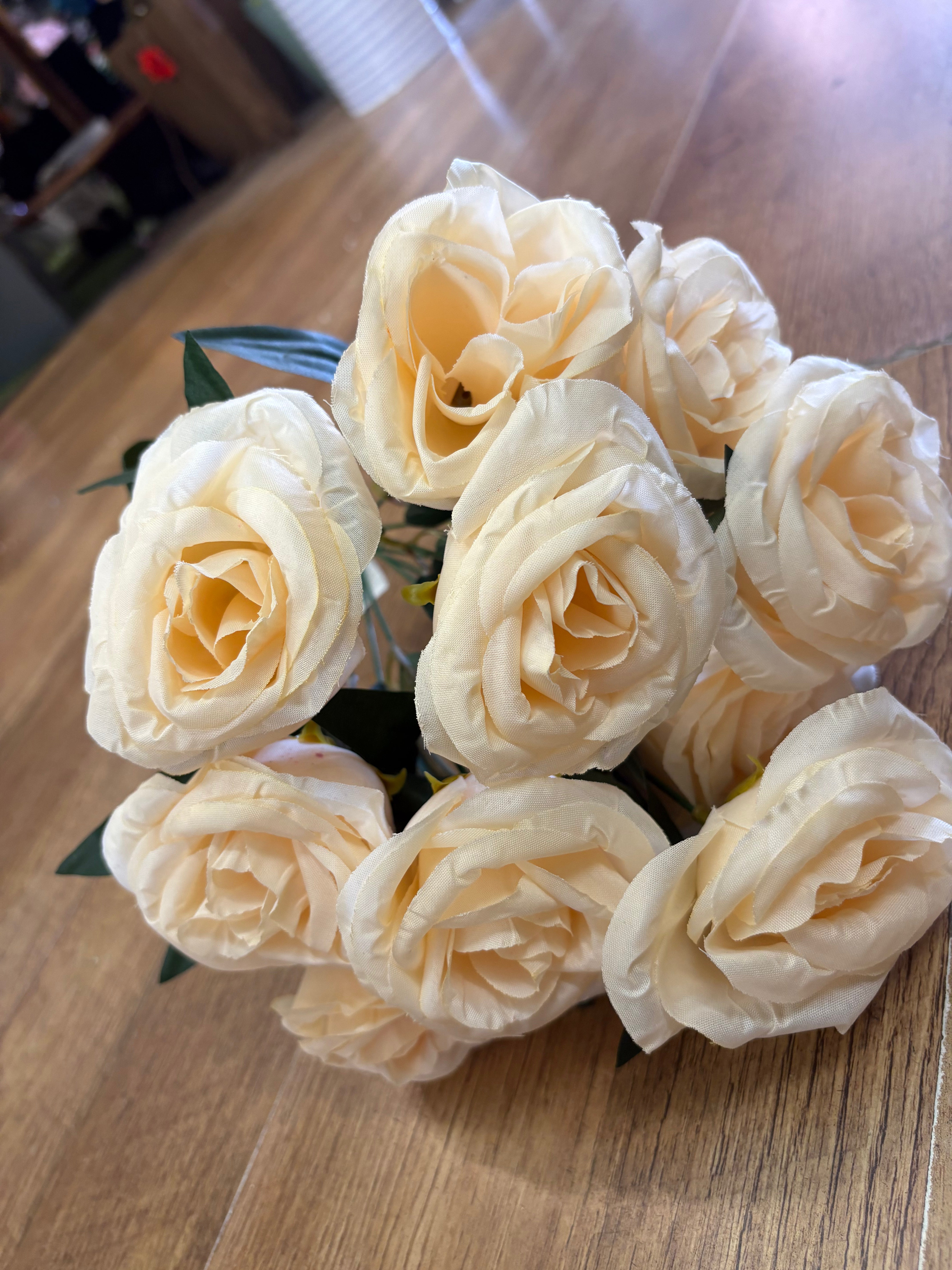 Large 10 headed dark cream cabbage rose bouquet - almost looks like peach colour