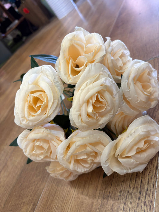 Large 10 headed dark cream cabbage rose bouquet - almost looks like peach colour