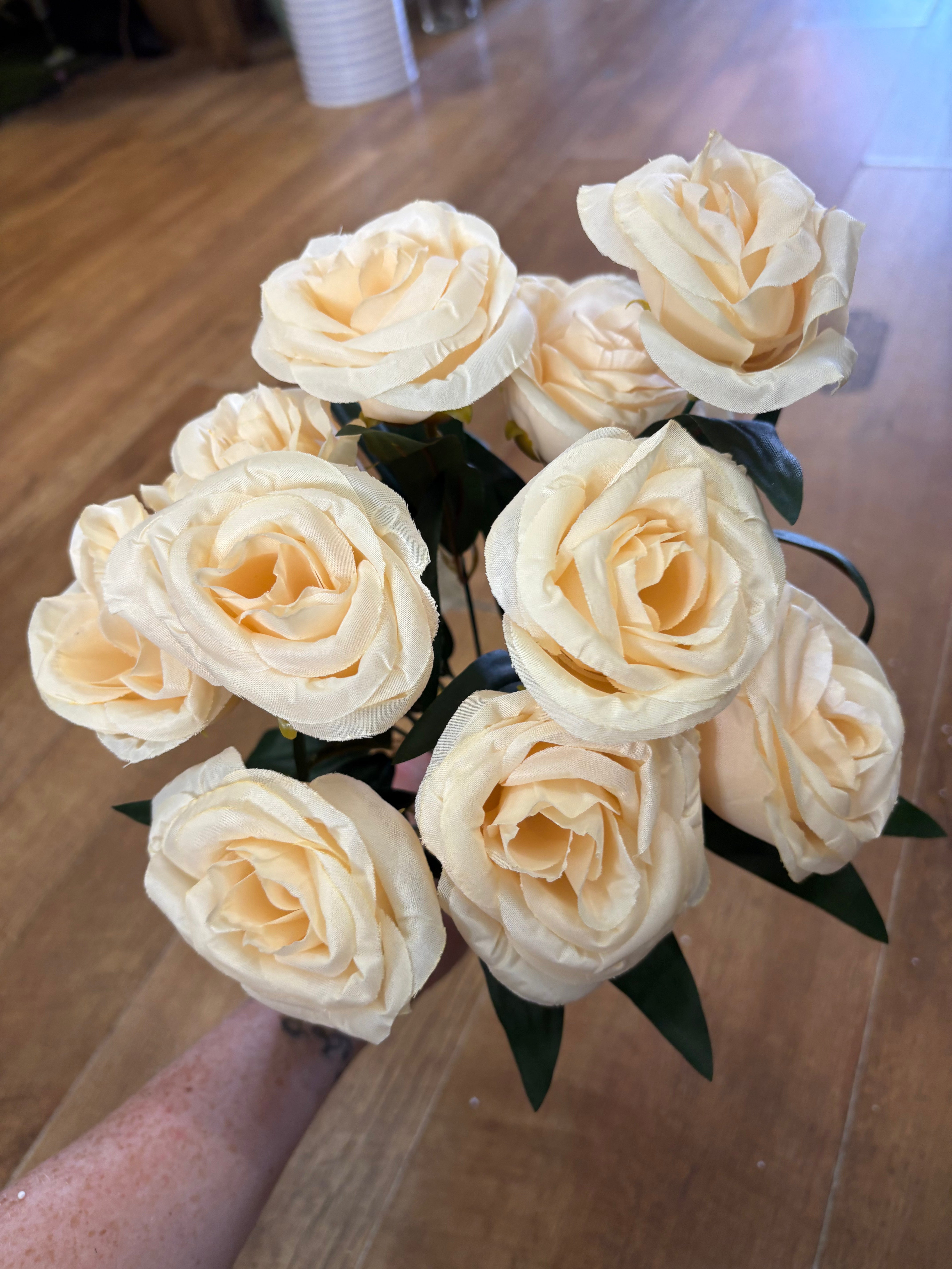 Large 10 headed dark cream cabbage rose bouquet - almost looks like peach colour