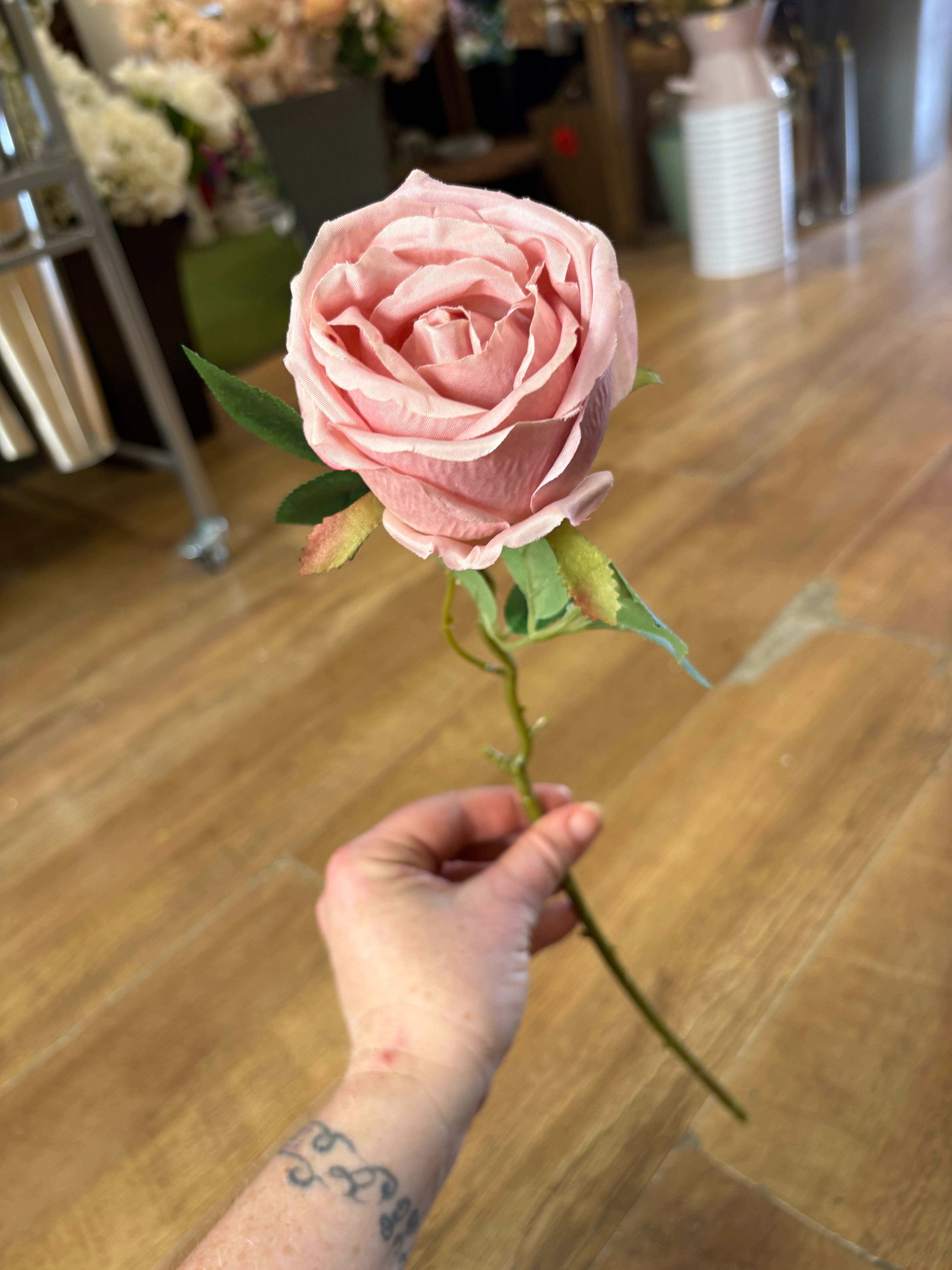 Single pink globe rose (head approx 8/9cm)