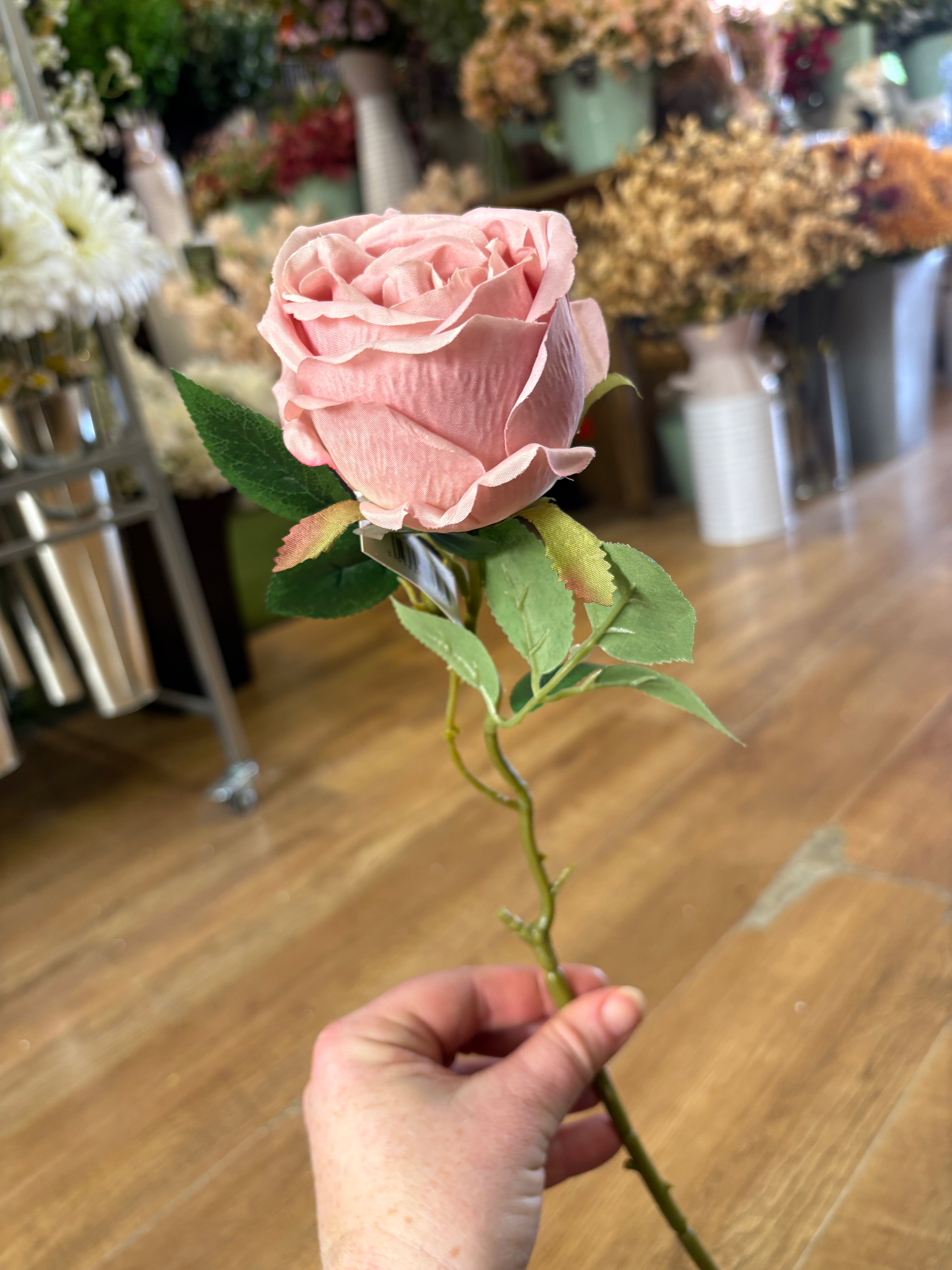 Single pink globe rose (head approx 8/9cm)