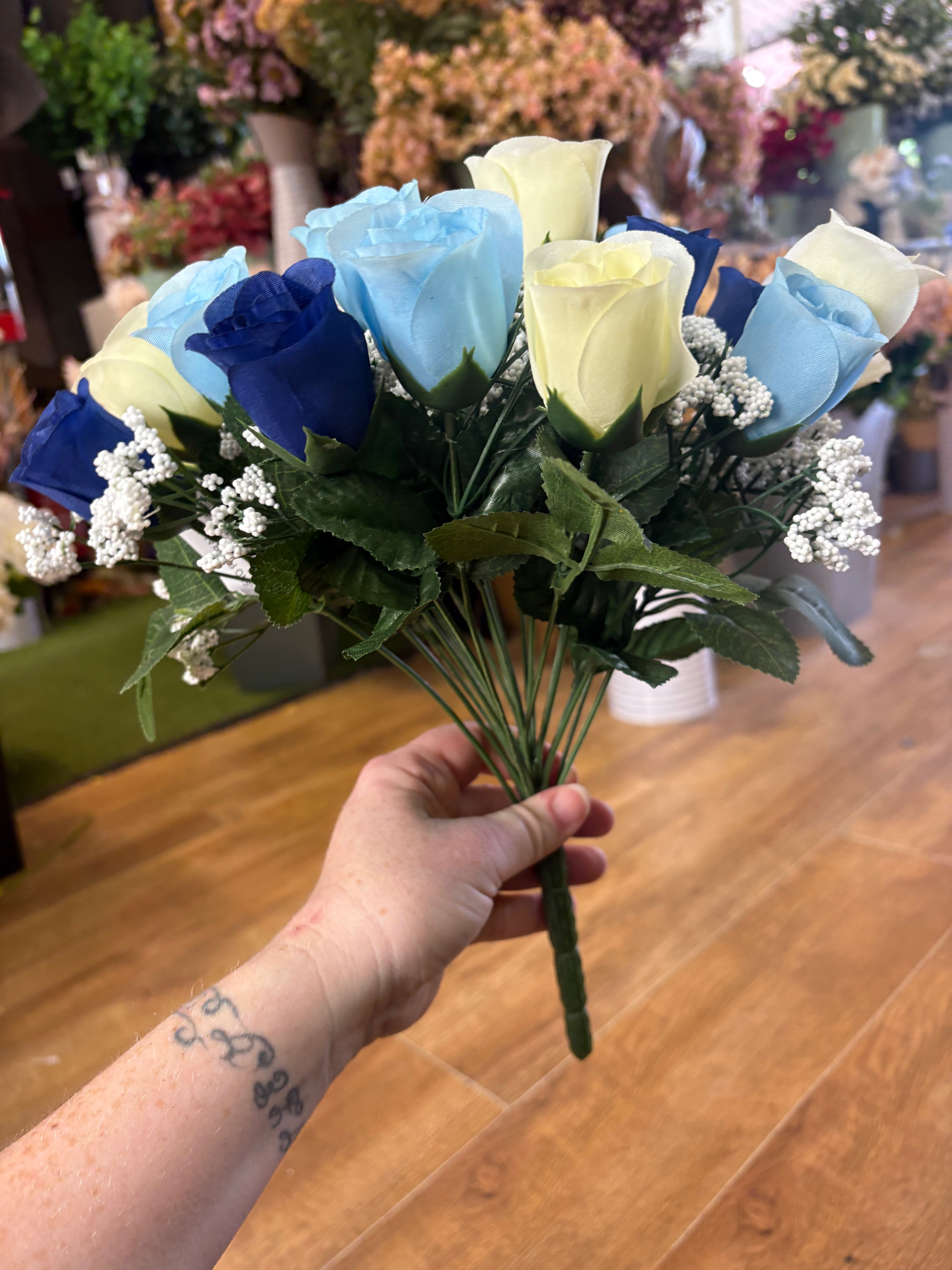 Large 22 head navy, pale blue and ivory rosebud and gypsophila bouquet