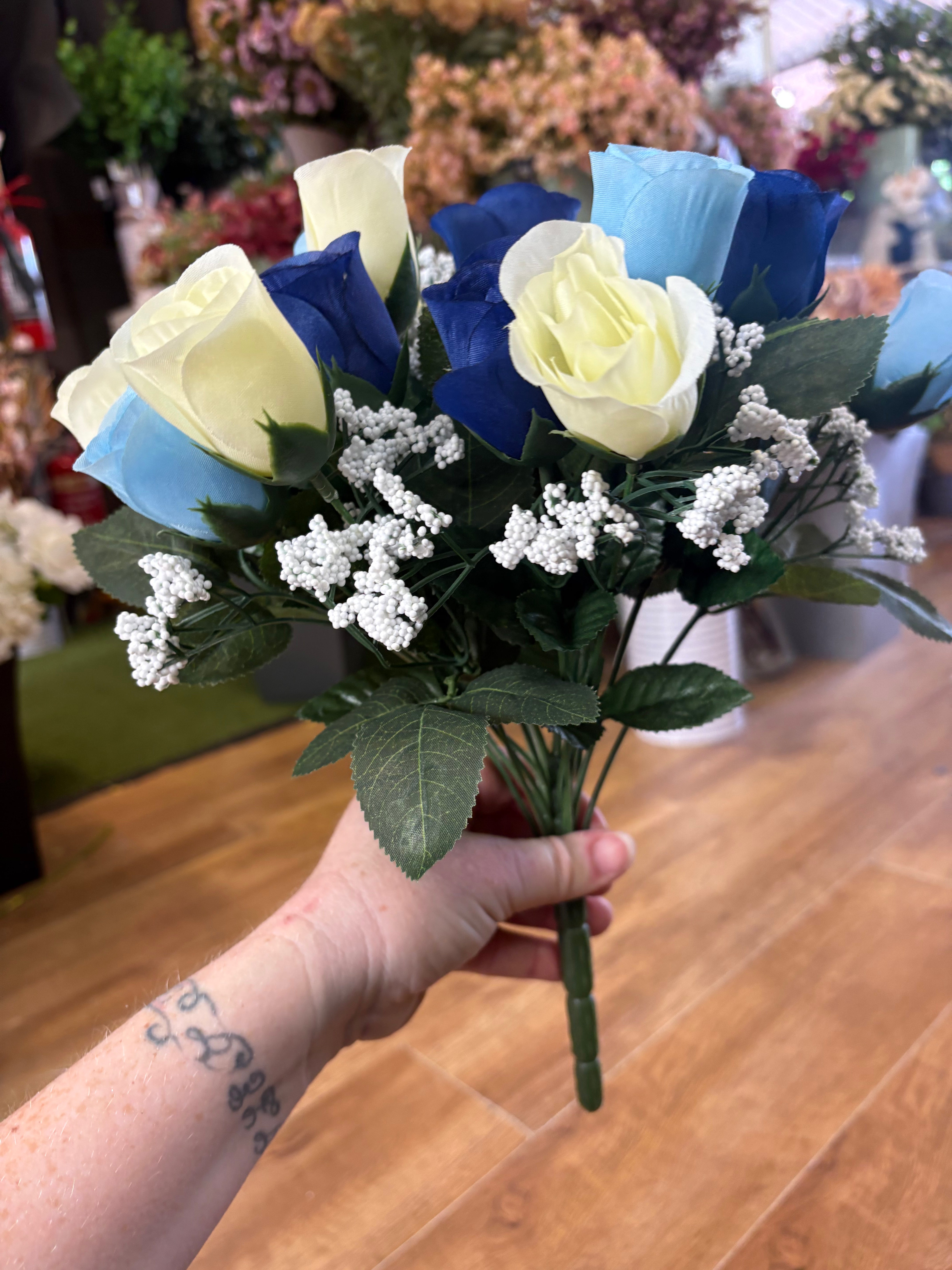 Large 22 head navy, pale blue and ivory rosebud and gypsophila bouquet