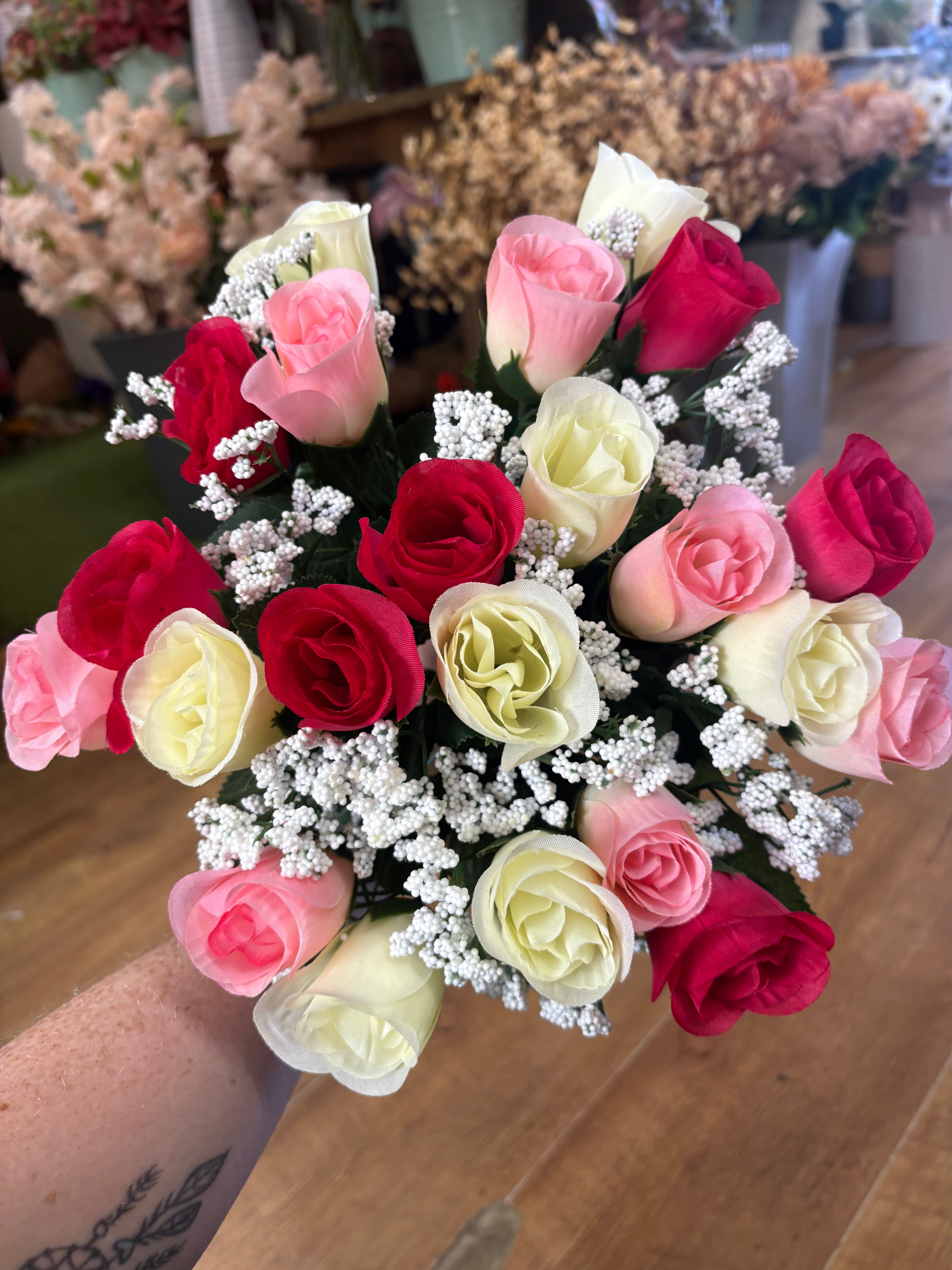 Large 22 head hot pink, pale pink and ivory rosebud and gypsophila bouquet
