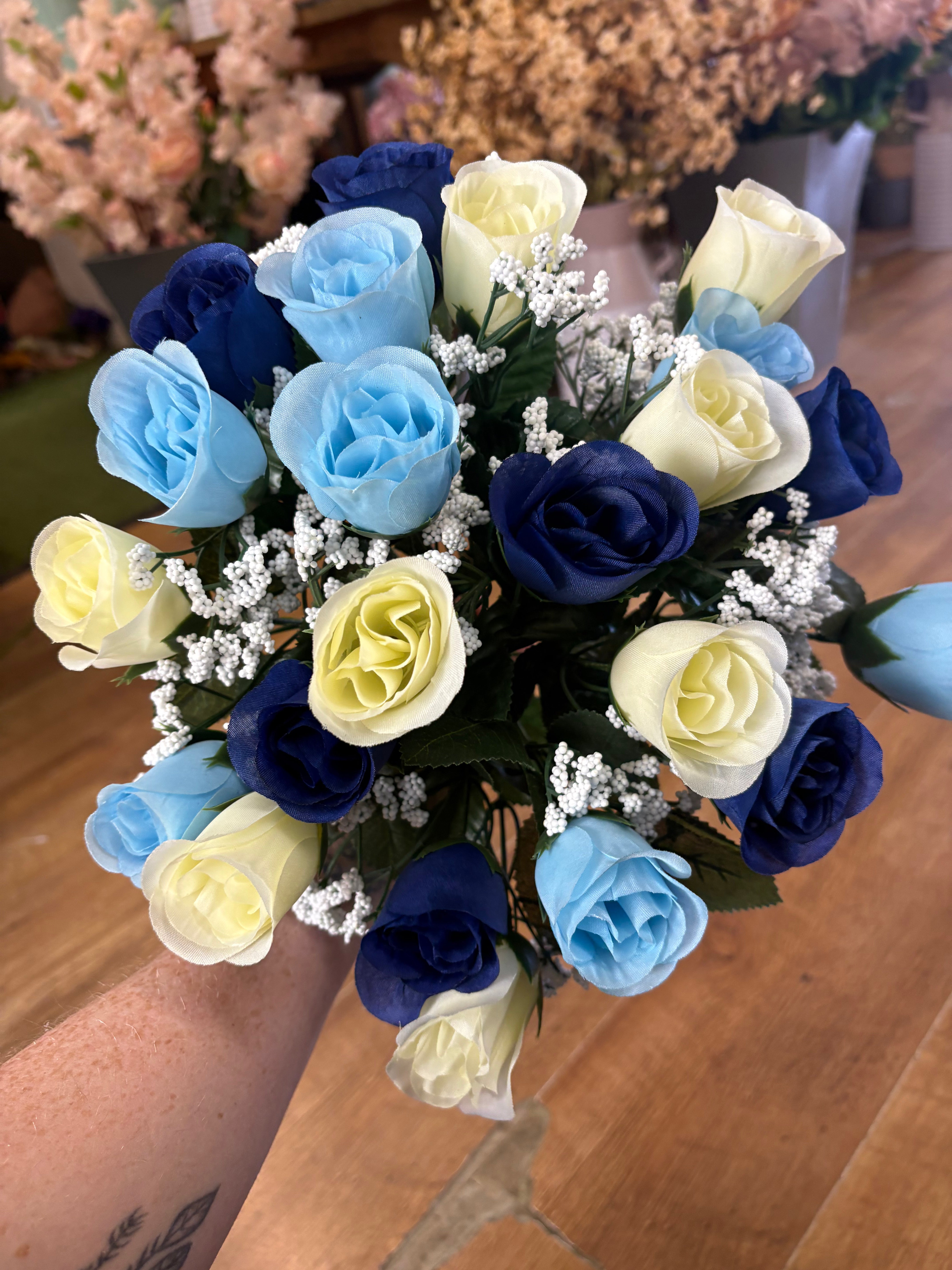Large 22 head navy, pale blue and ivory rosebud and gypsophila bouquet