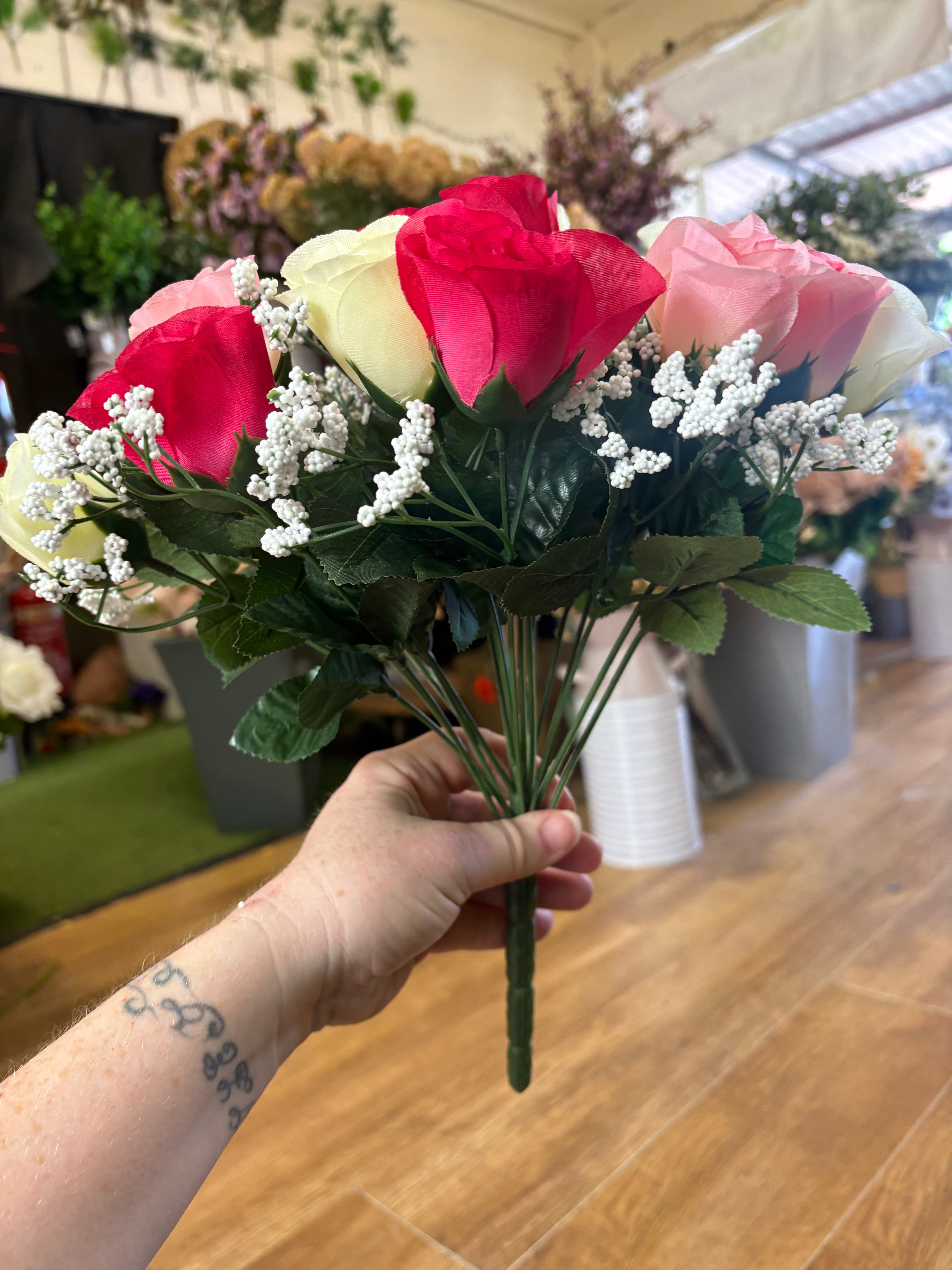 Large 22 head hot pink, pale pink and ivory rosebud and gypsophila bouquet