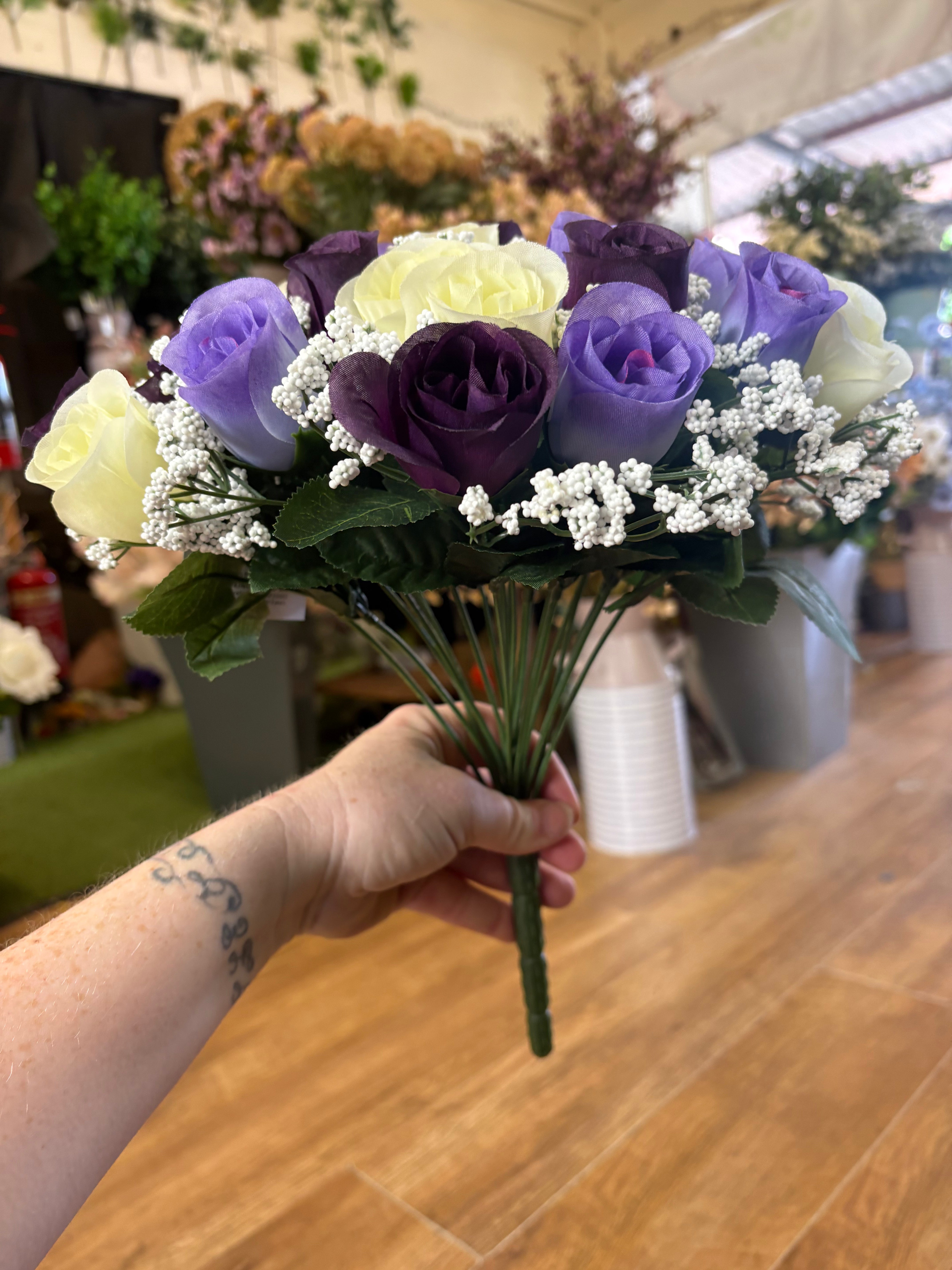 Large 22 head dark purple, lilac and ivory rosebud and gypsophila bouquet