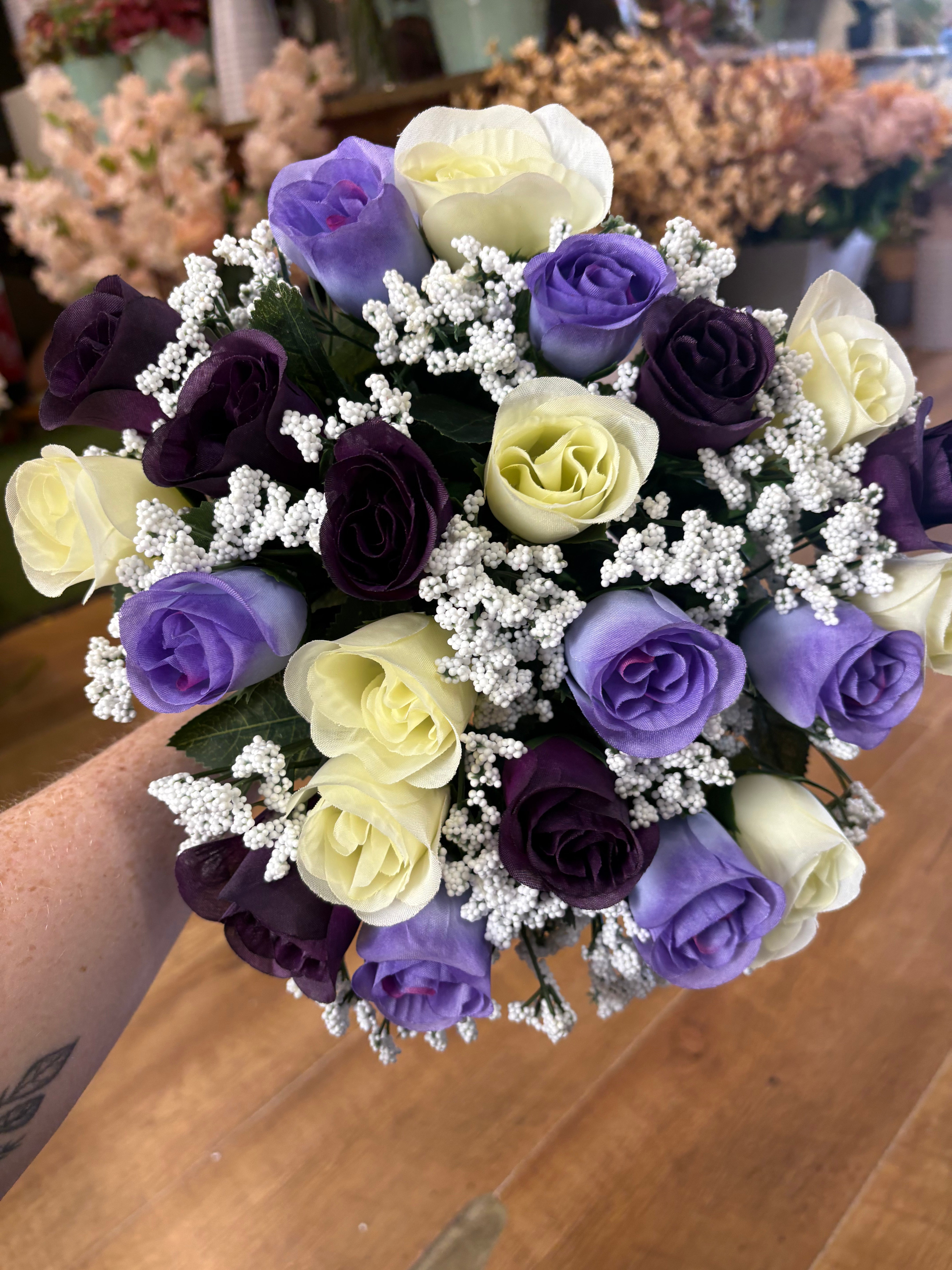Large 22 head dark purple, lilac and ivory rosebud and gypsophila bouquet