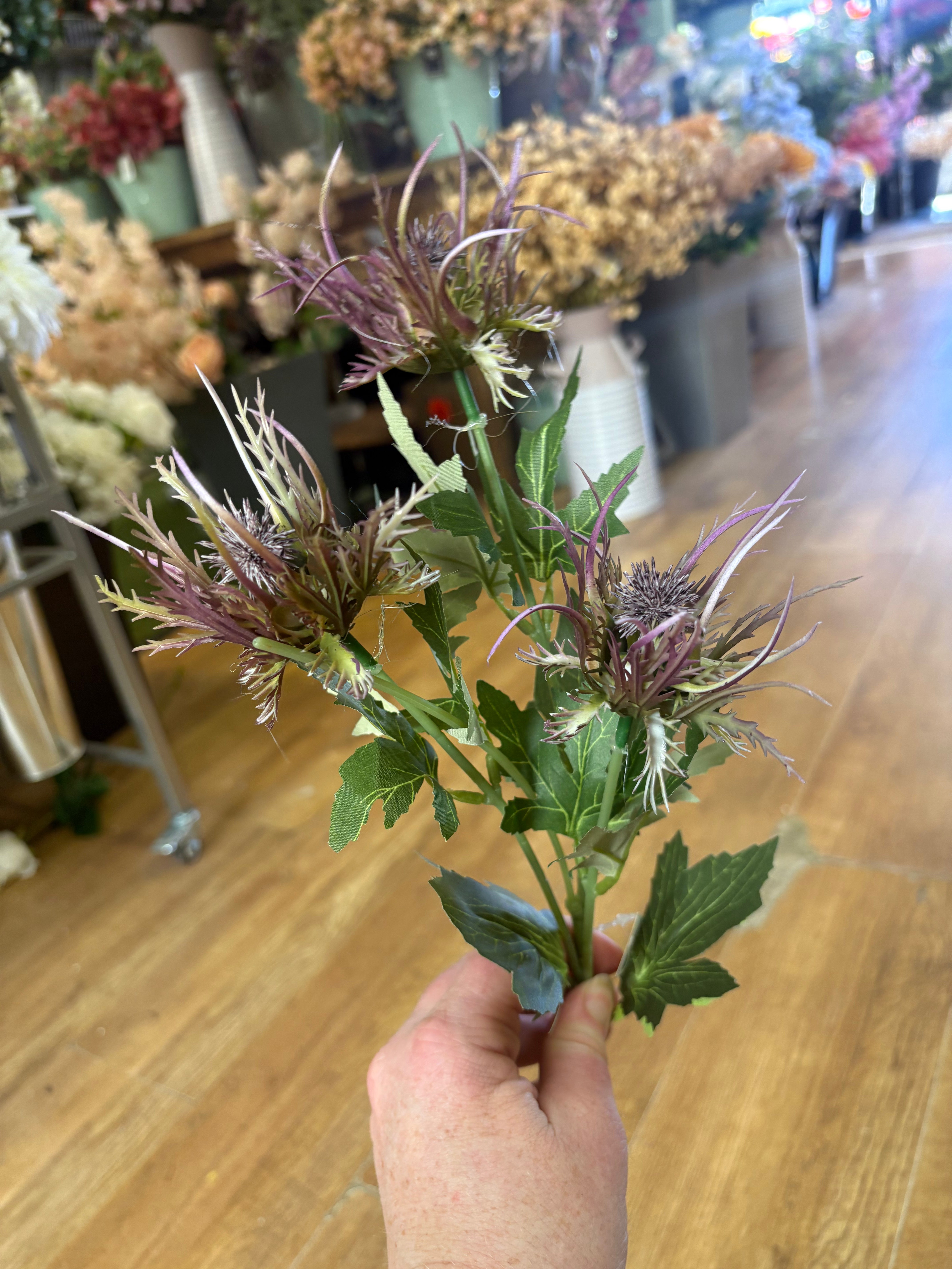 Long stem 3 headed purple spiky thistle spray