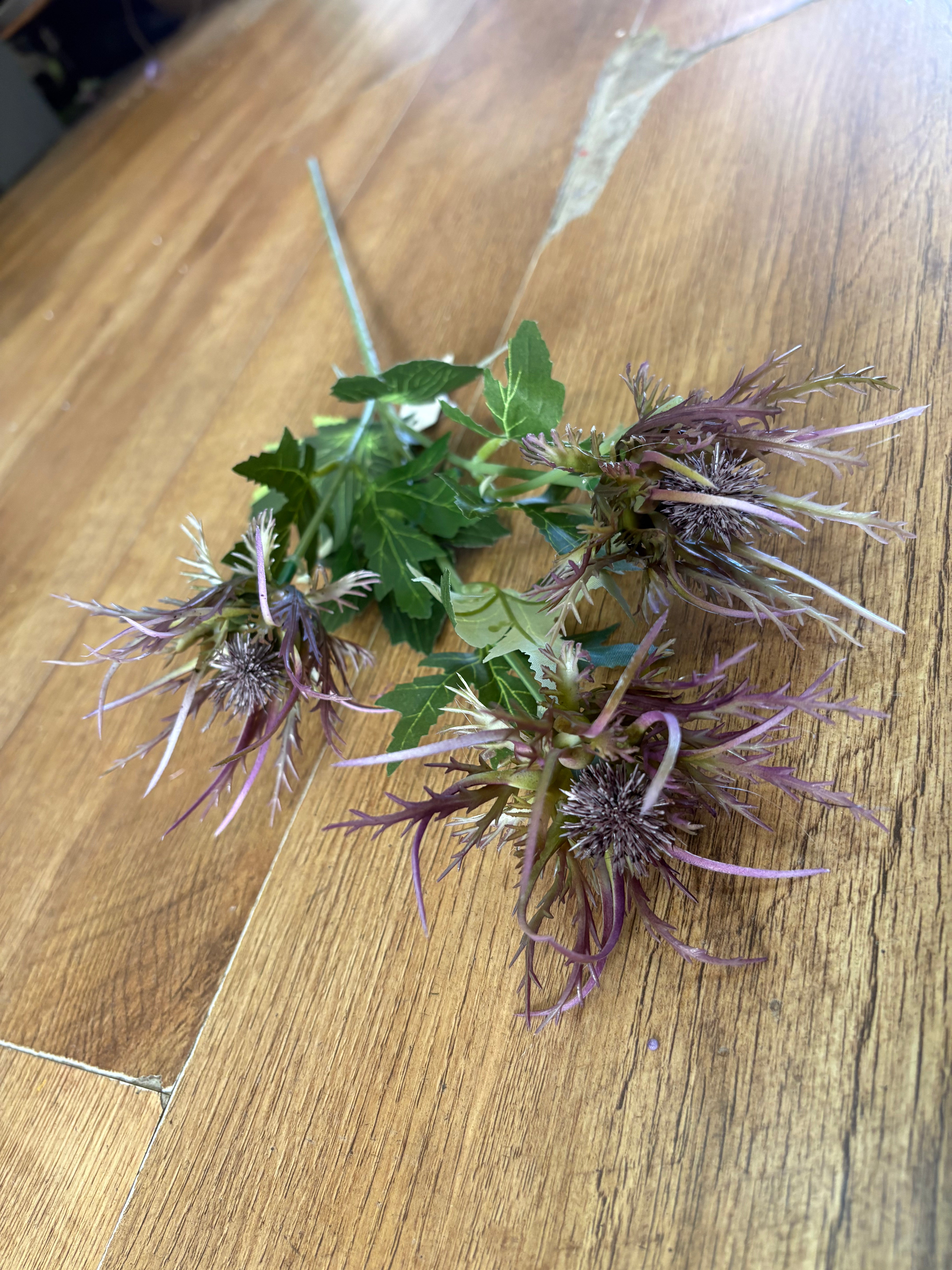 Long stem 3 headed purple spiky thistle spray