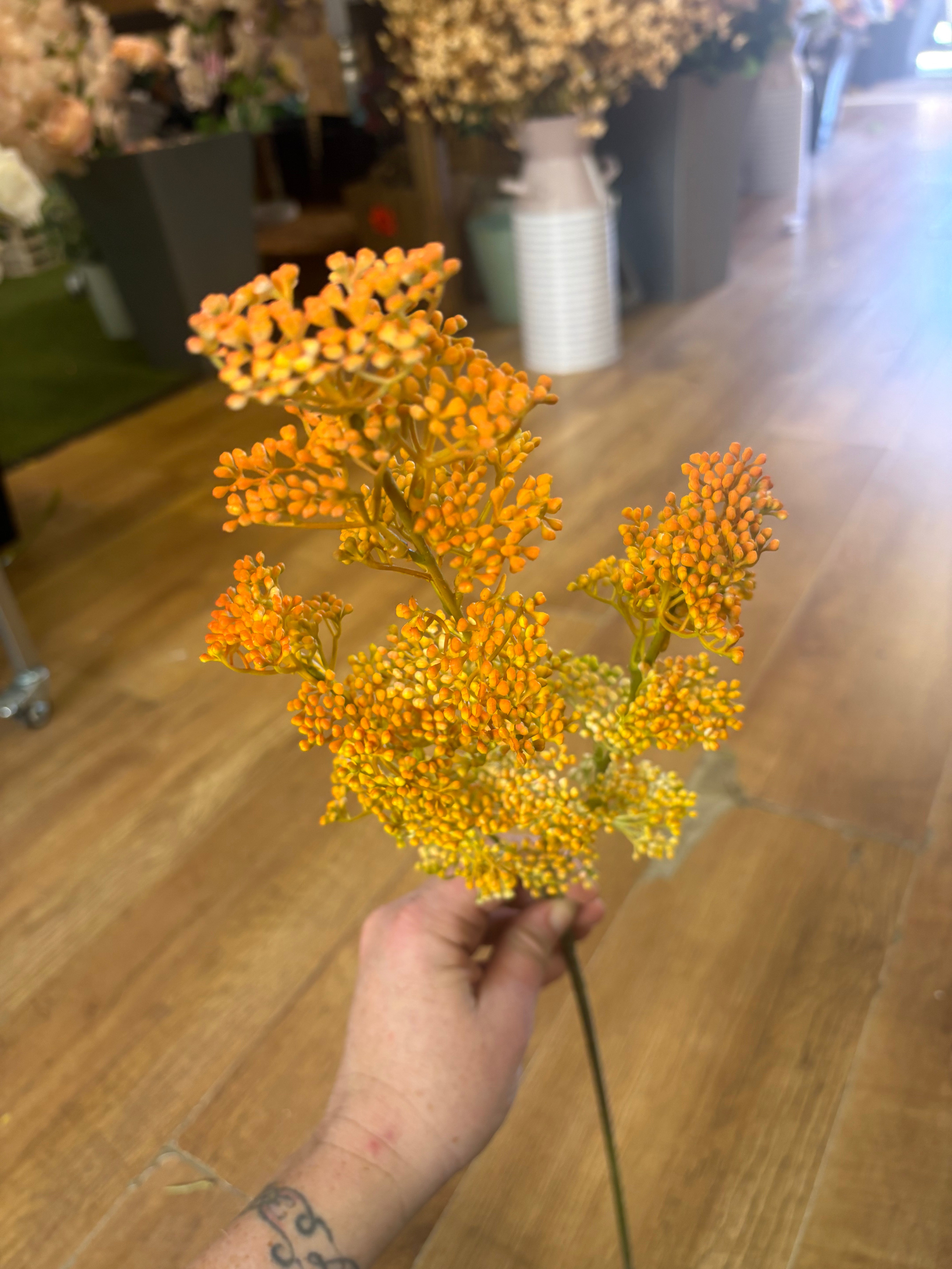 Long stem autumnal yellow and orange mini bud spray