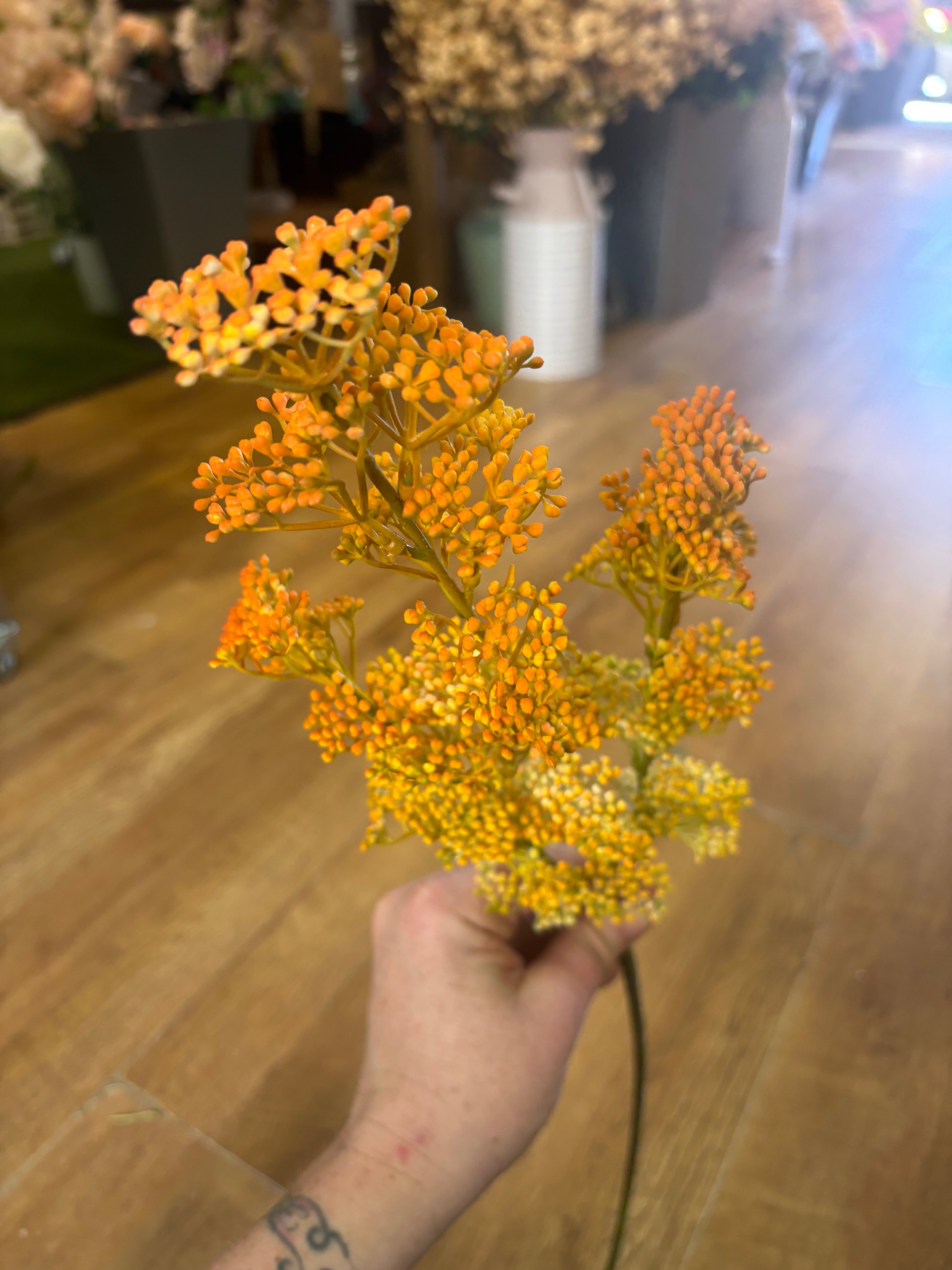 Long stem autumnal yellow and orange mini bud spray