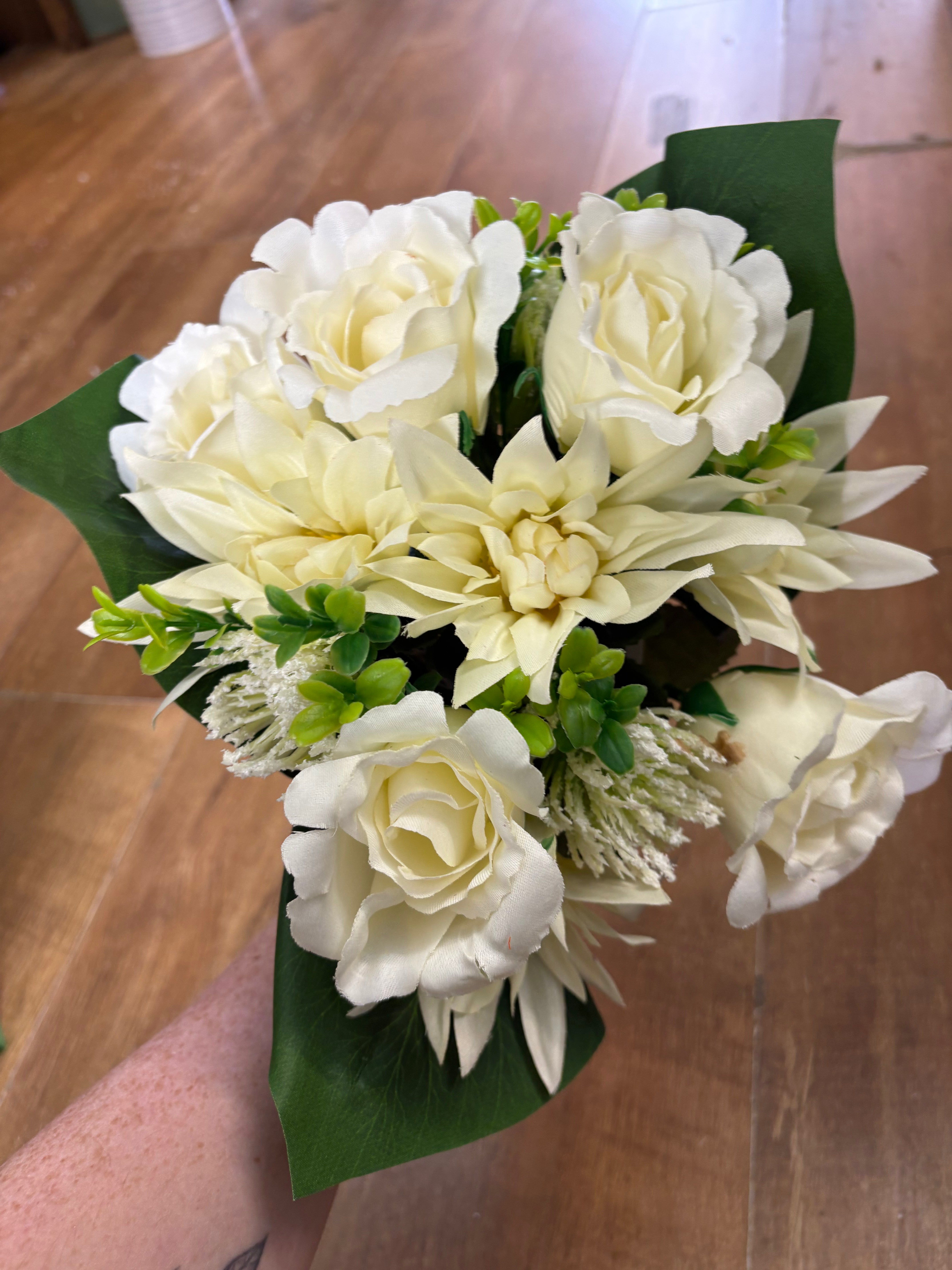 Ivory dahlia, rose and flocked protea bouquet