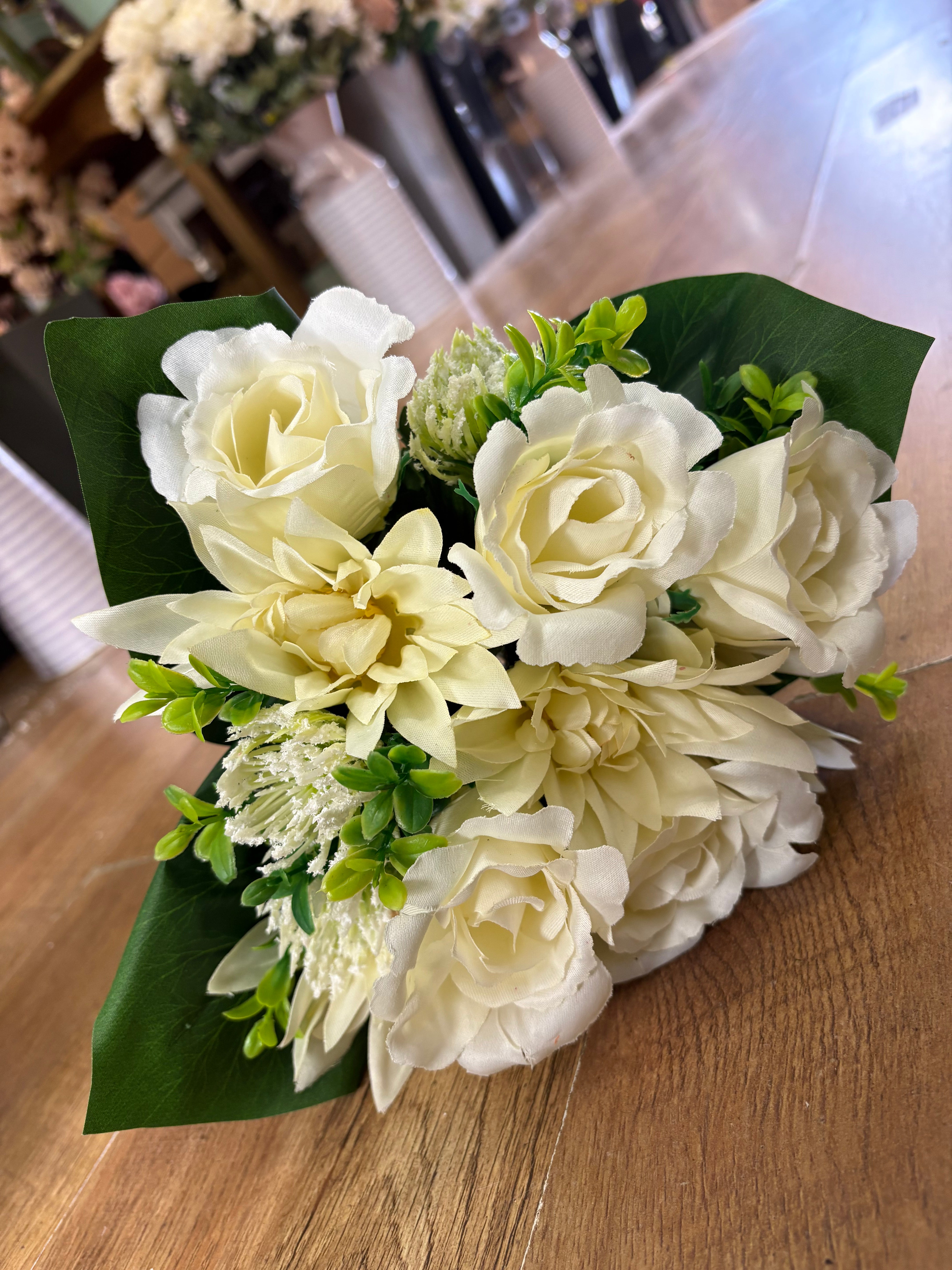 Ivory dahlia, rose and flocked protea bouquet