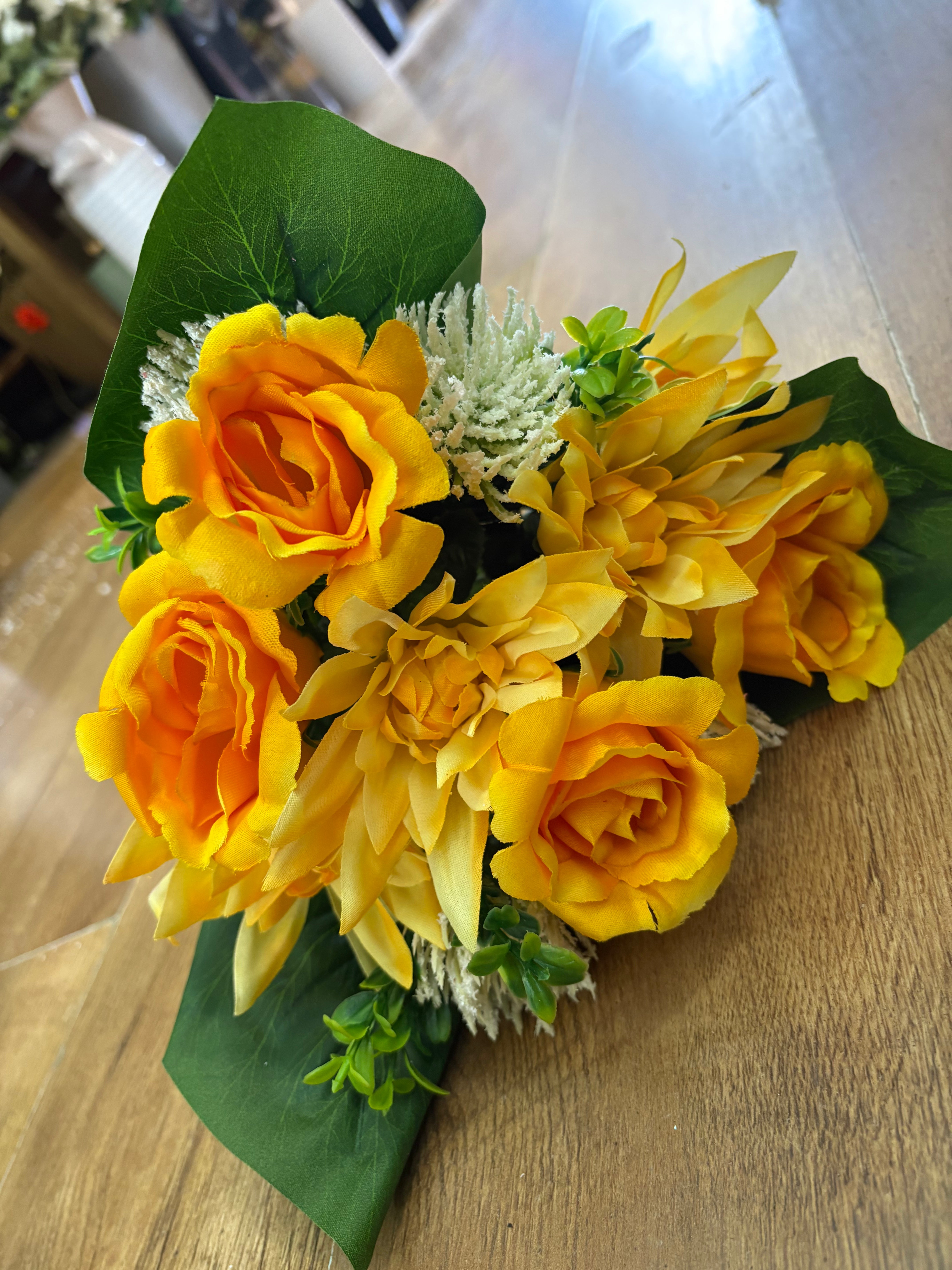 Yellow dahlia, rose and flocked protea bouquet