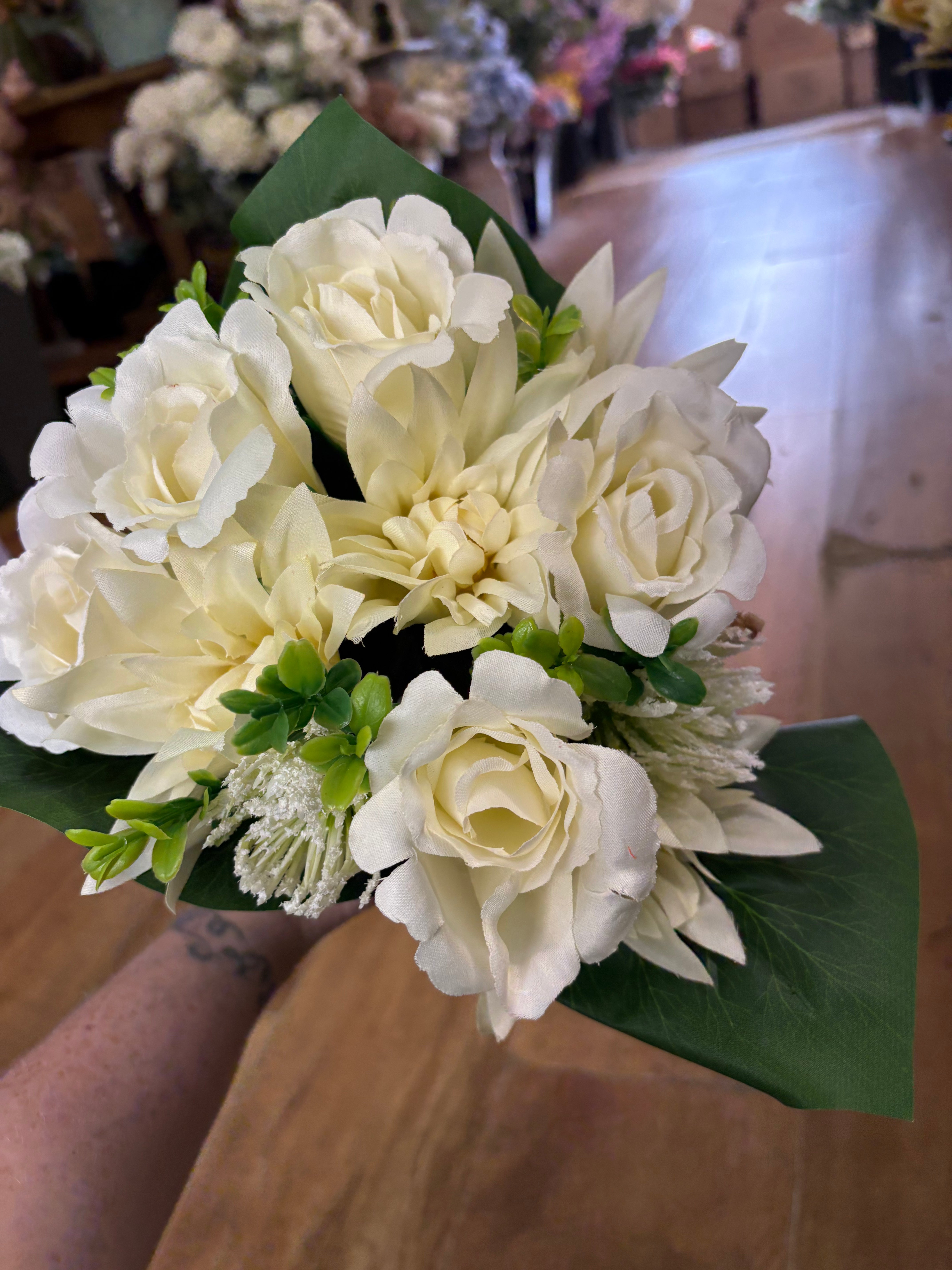 Ivory dahlia, rose and flocked protea bouquet