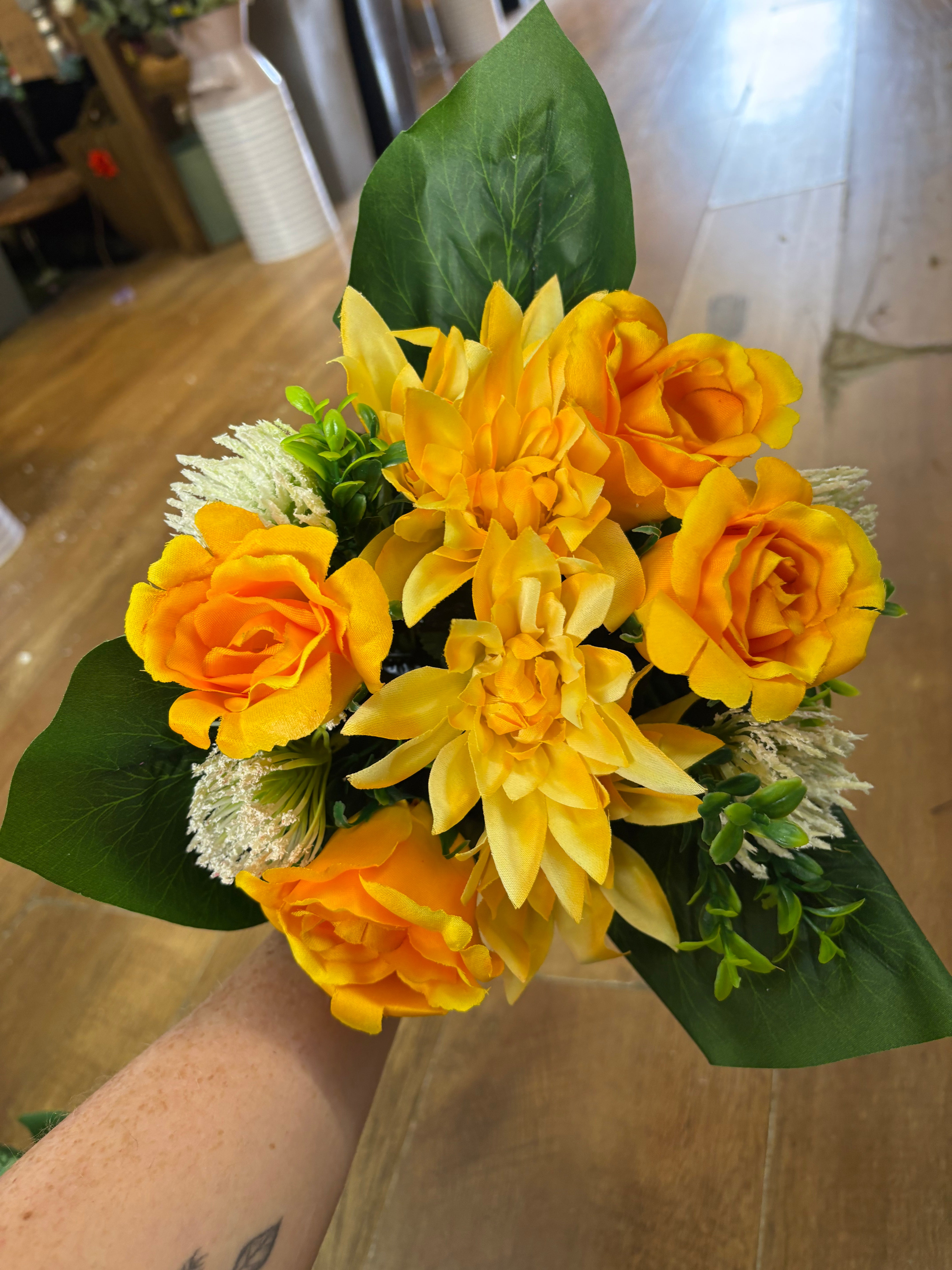 Yellow dahlia, rose and flocked protea bouquet