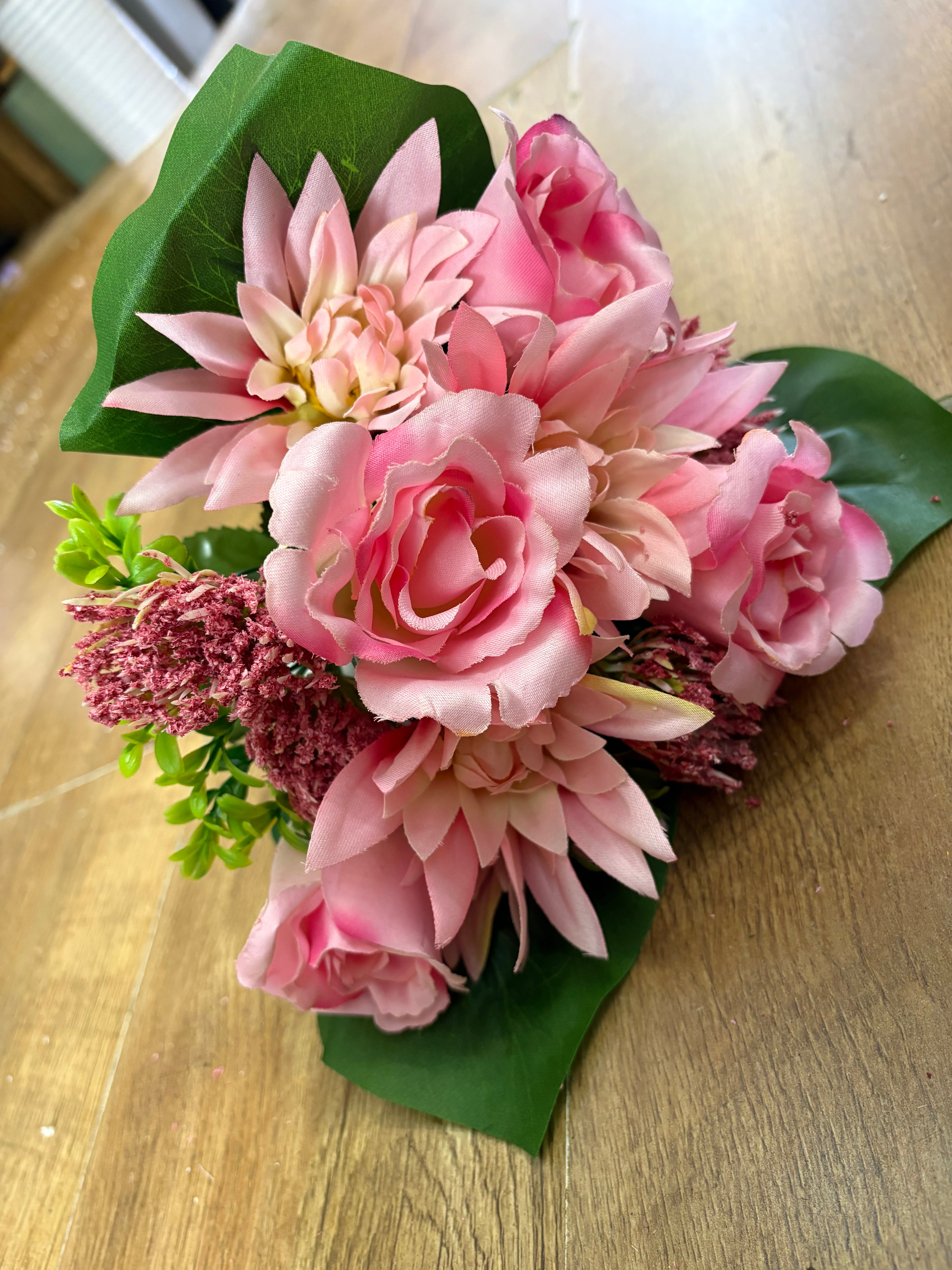 Pink dahlia, rose and flocked protea bouquet
