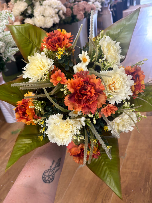 Large burnt orange and cream carnation and mixed foliage Bouquet