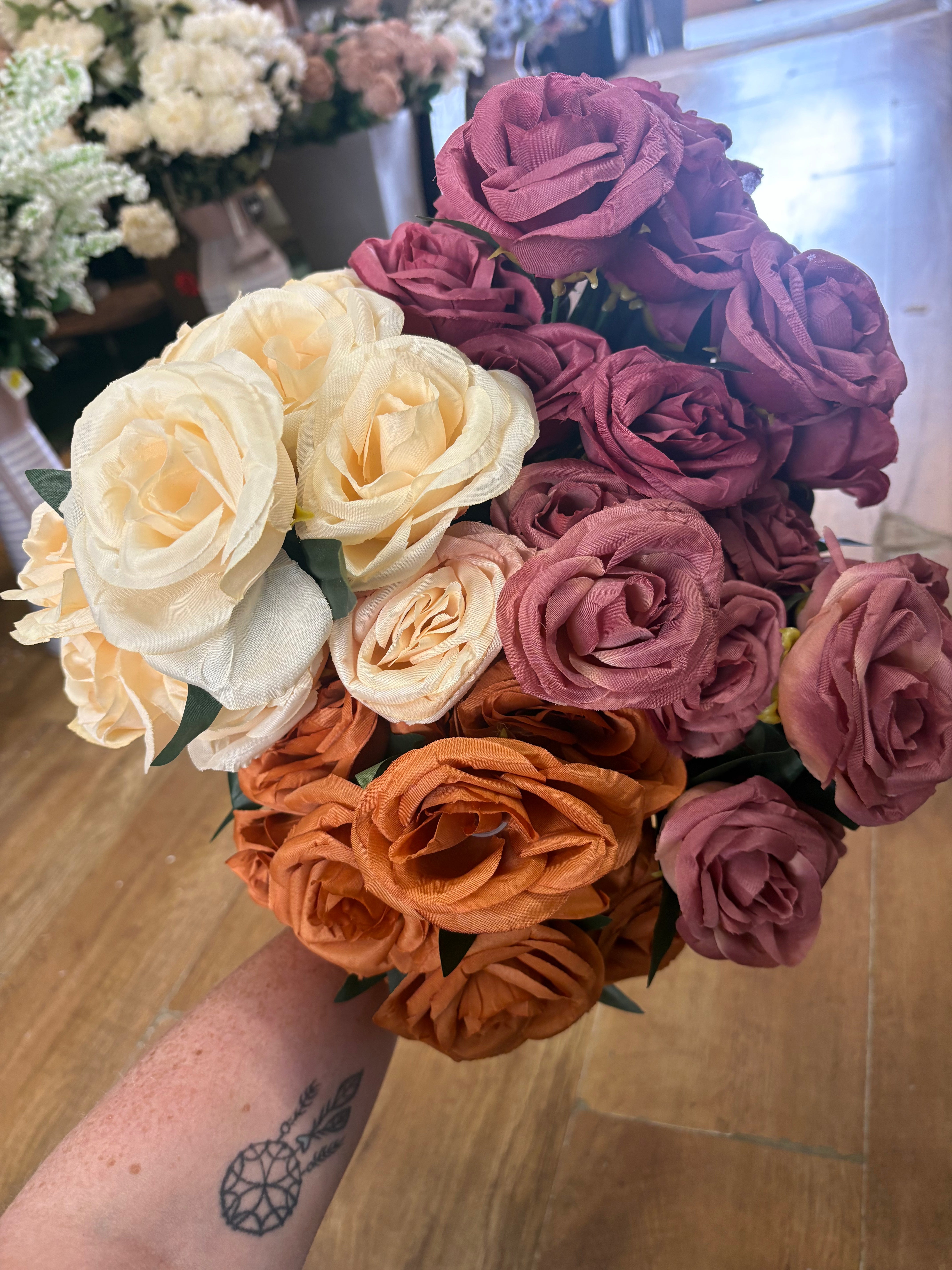 Large 10 headed autumnal cabbage rose bouquet - 4 colours available