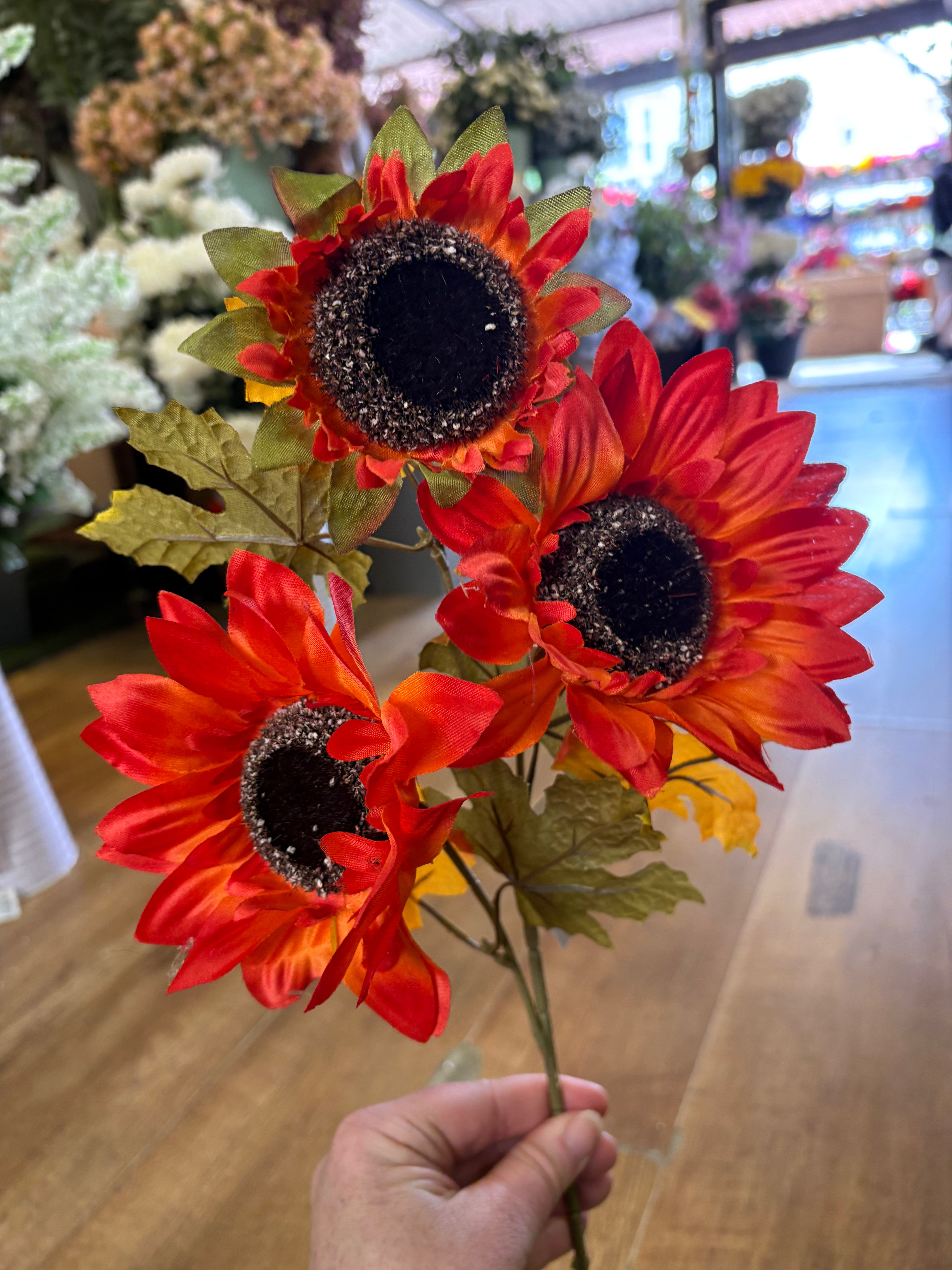 Long stem 3 headed autumnal sunflower spray - 4 colours available