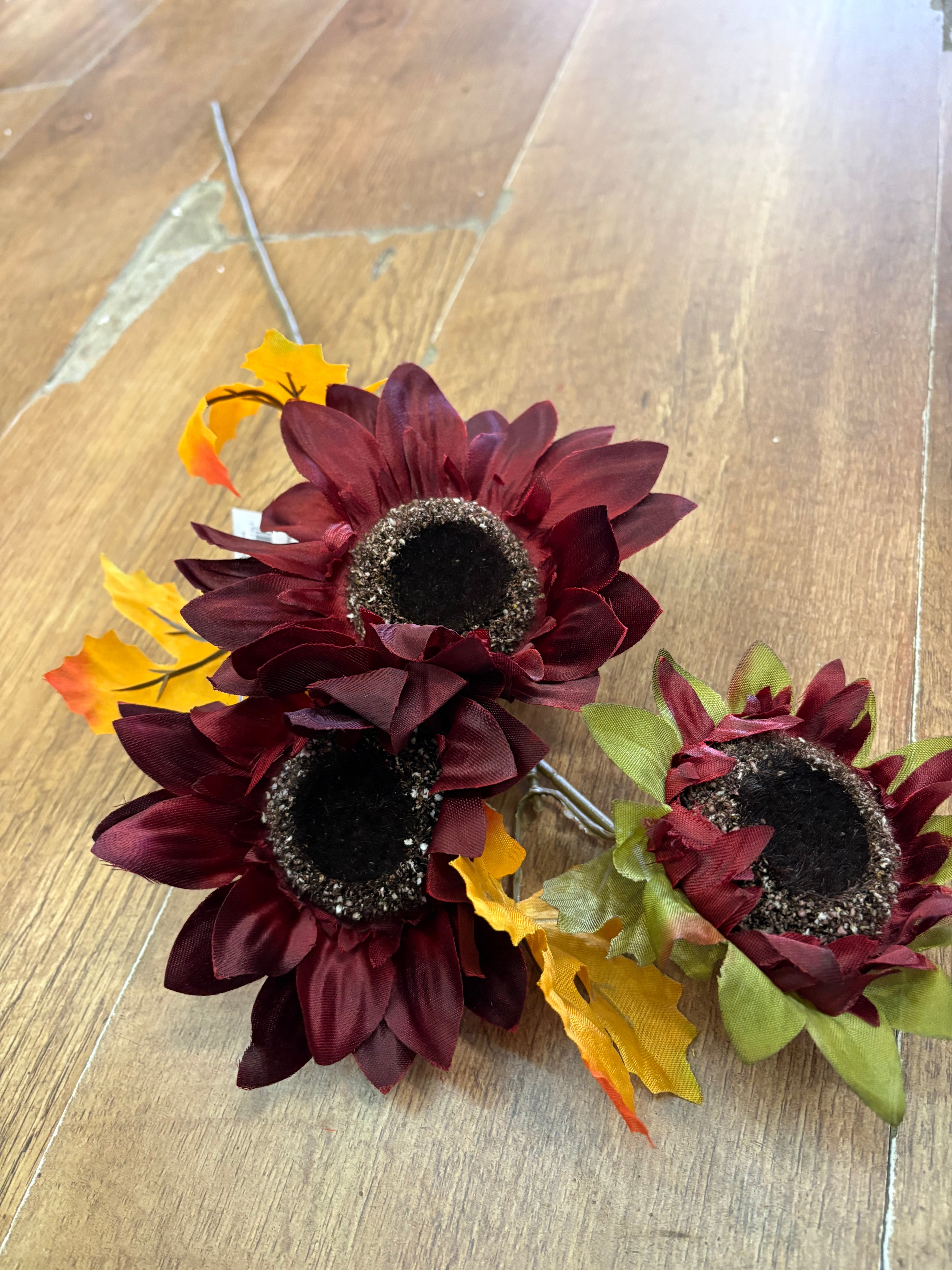 Long stem 3 headed autumnal sunflower spray - 4 colours available