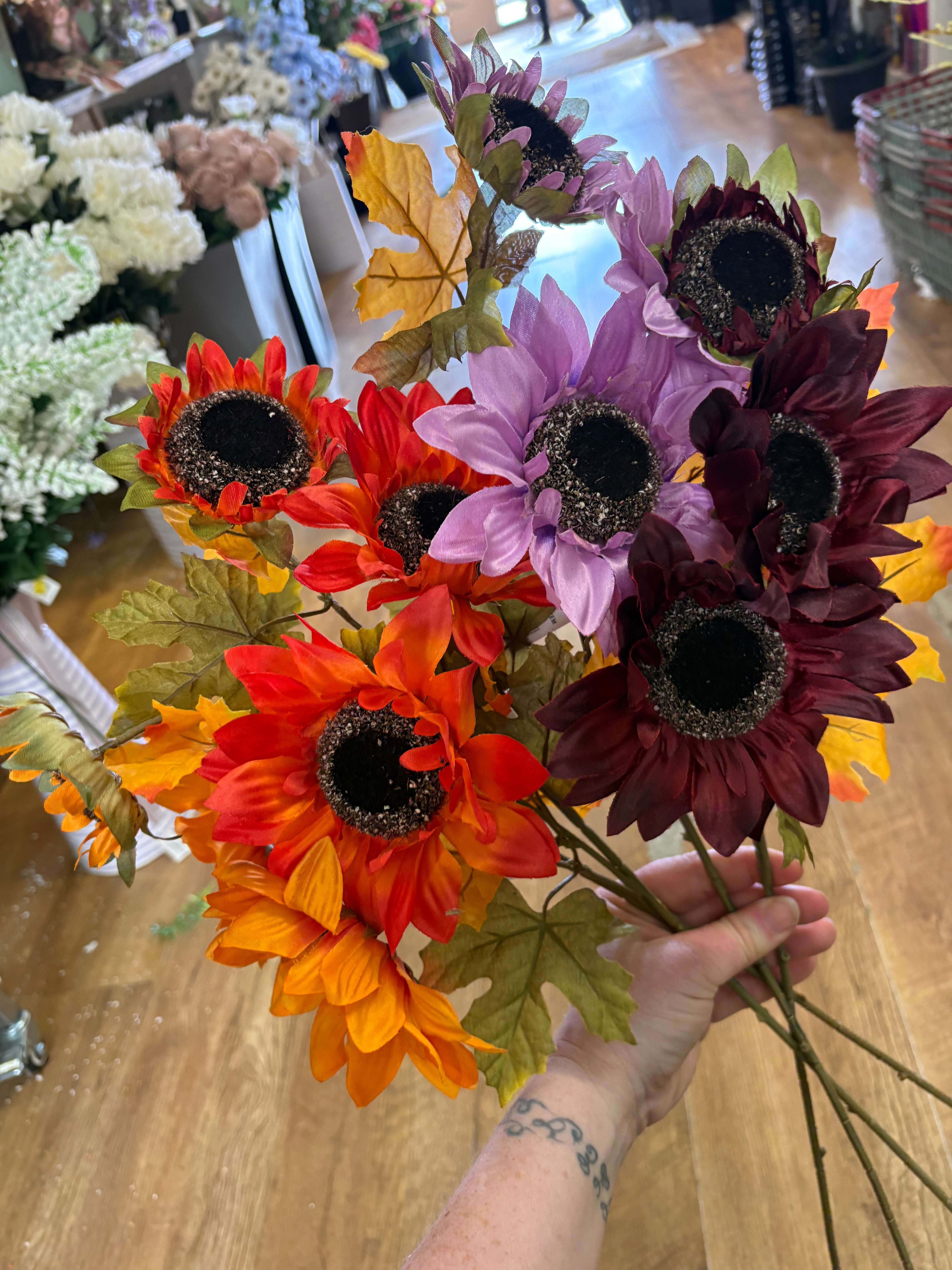 Long stem 3 headed autumnal sunflower spray - 4 colours available