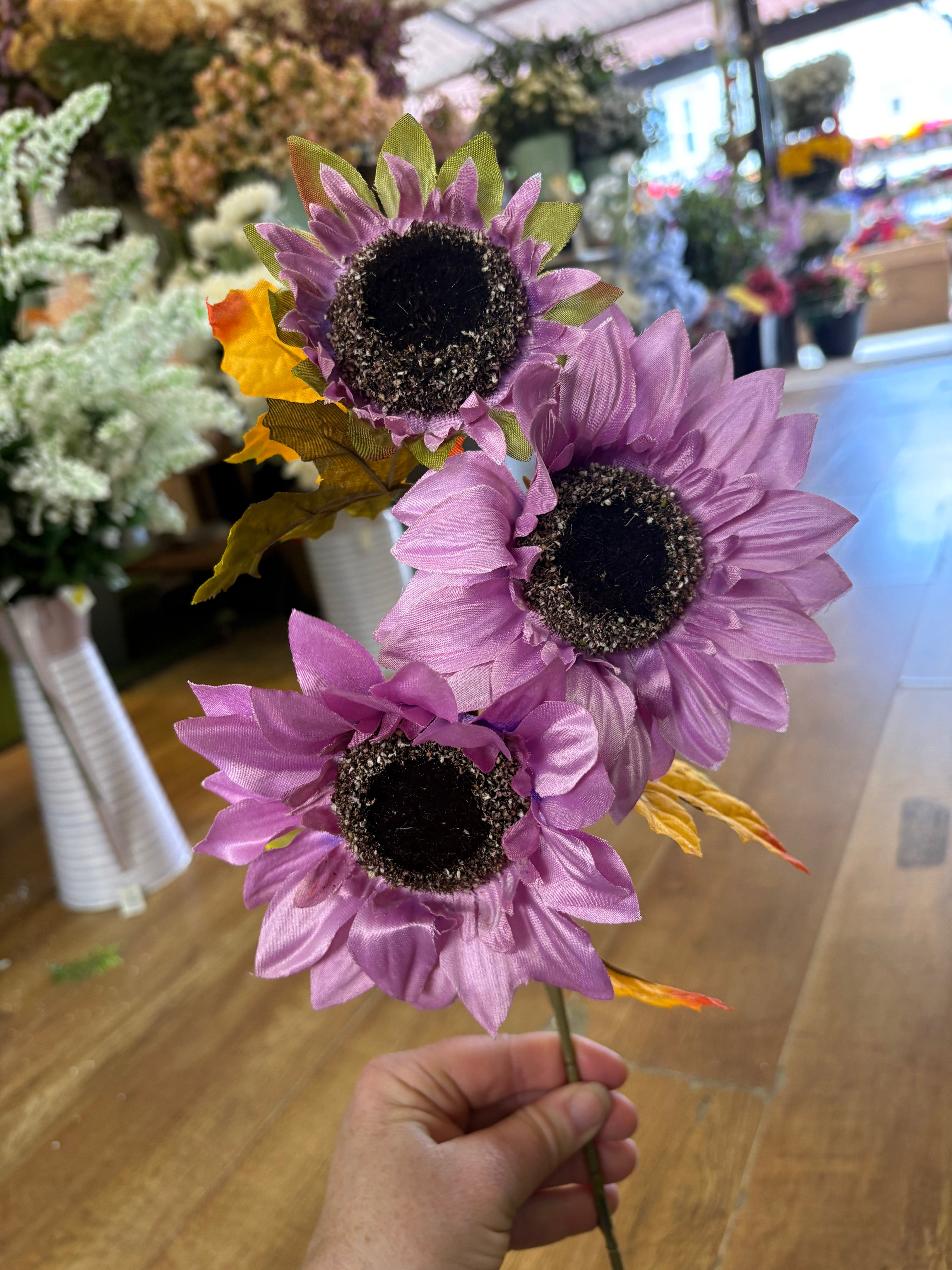Long stem 3 headed autumnal sunflower spray - 4 colours available