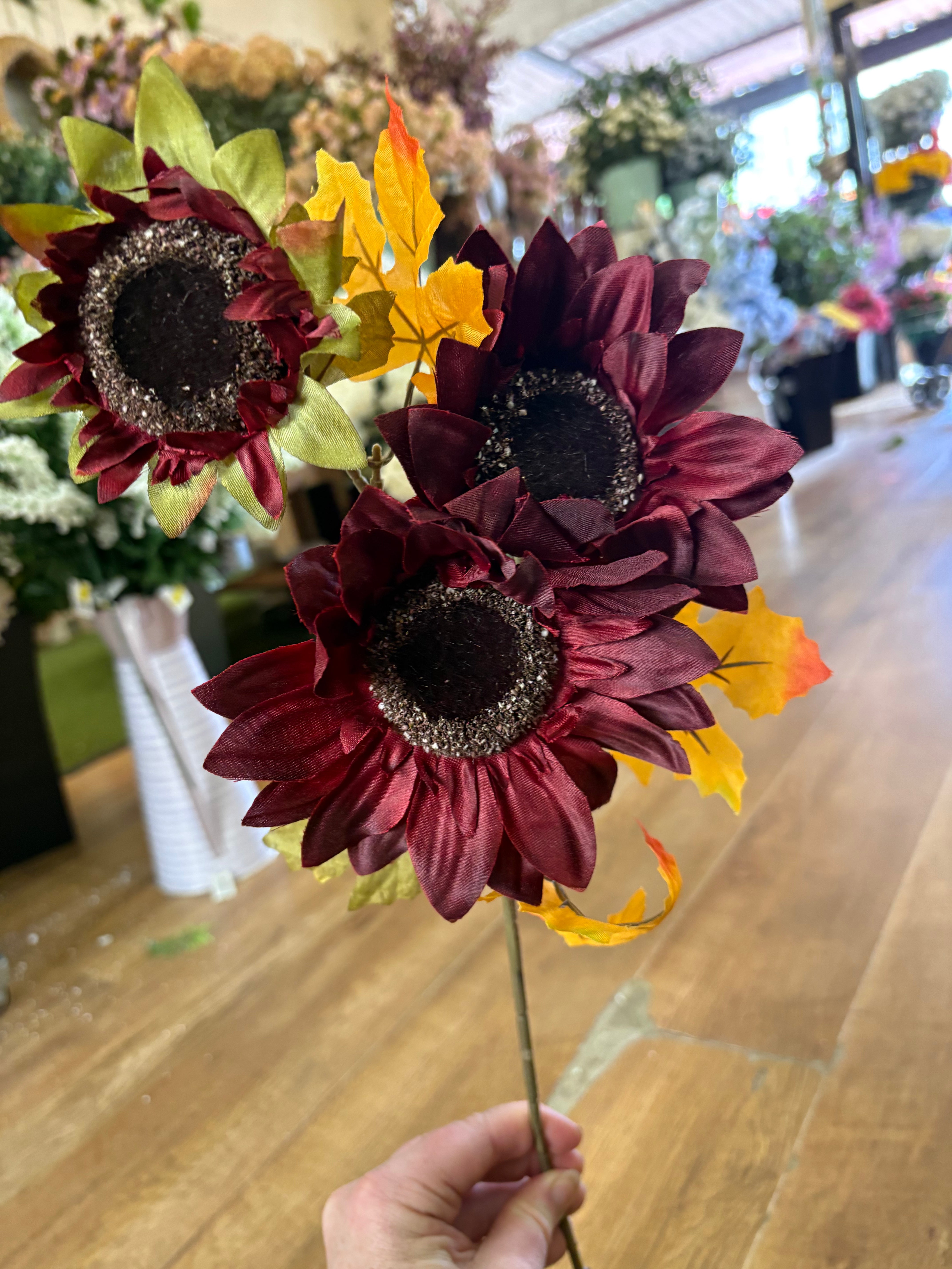 Long stem 3 headed autumnal sunflower spray - 4 colours available