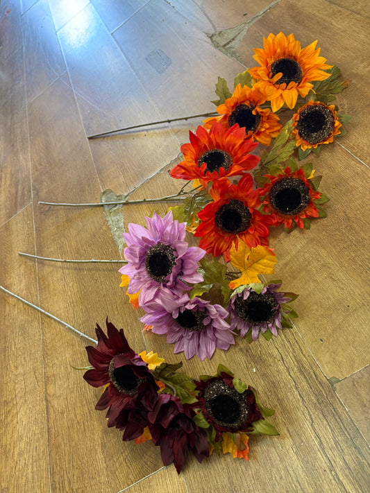 Long stem 3 headed autumnal sunflower spray - 4 colours available