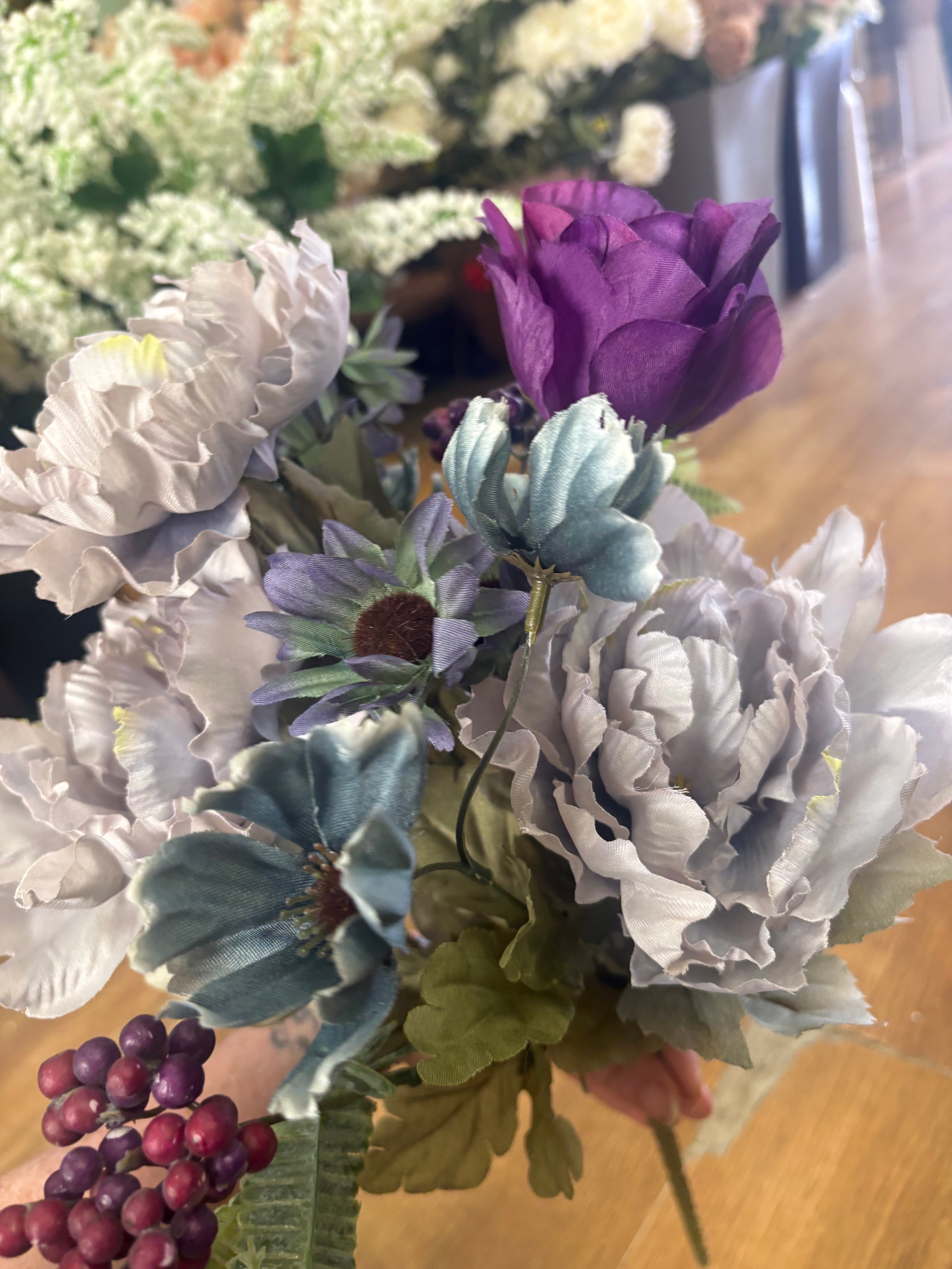 Large peony,rose and gerbera bouquet - grey, blue and purple